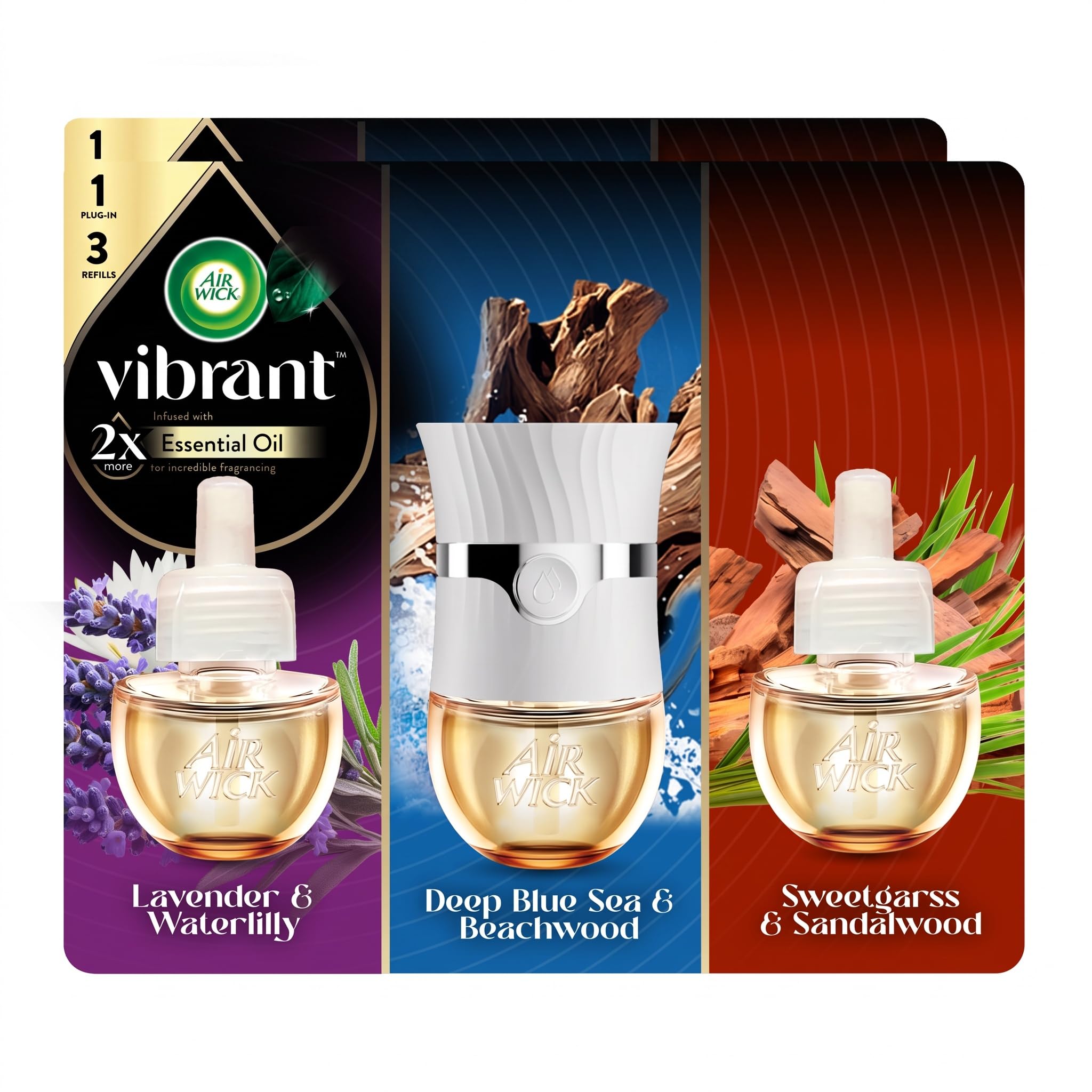 Air Wick Vibrant Plug In Scented Oil Warmer + Refills, Infused with Essential Oils, Plug In Air Fresheners for Home, Mixed Pack, Gadget + 3 ct (Pack of 2)