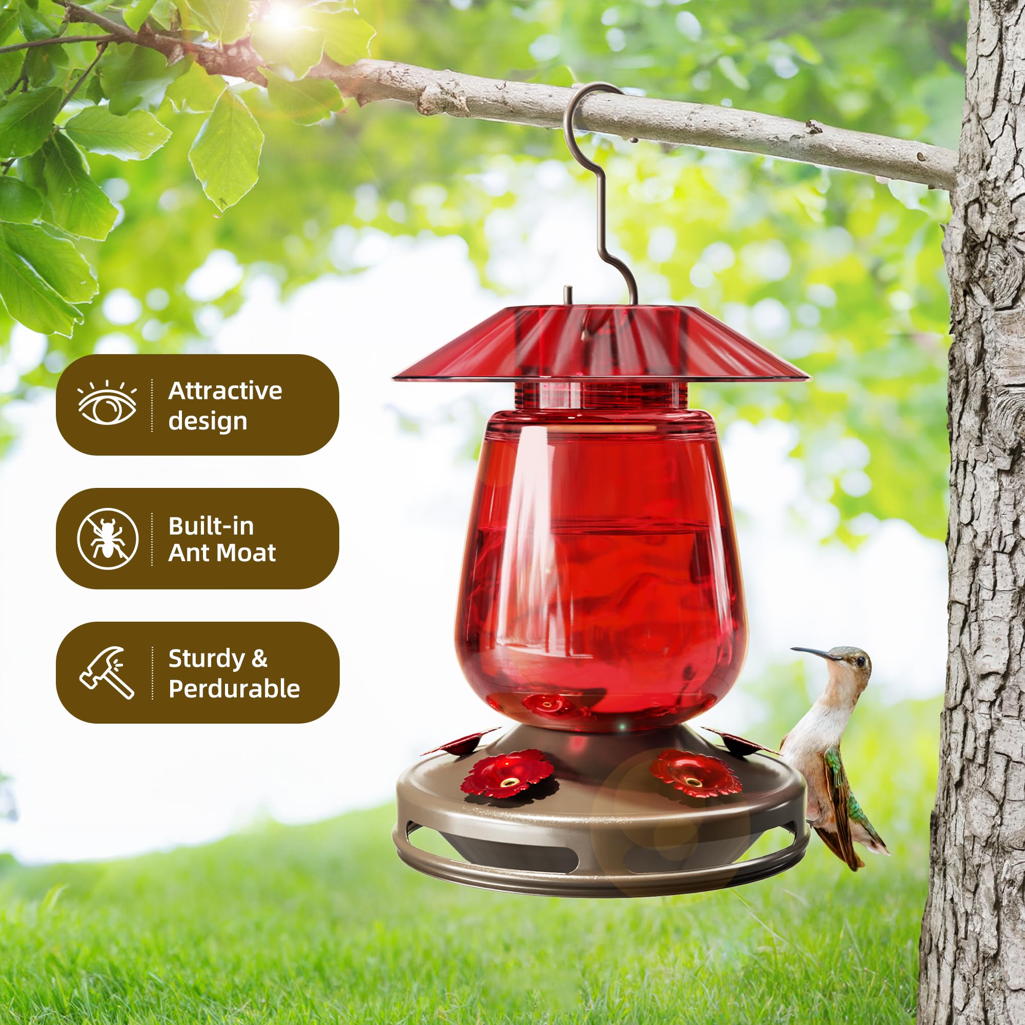 Auslar Kolibri-Futterspender Aus Glas 473 Ml – Rot Mit 5 Blumenöffnungen & Ameisengraben