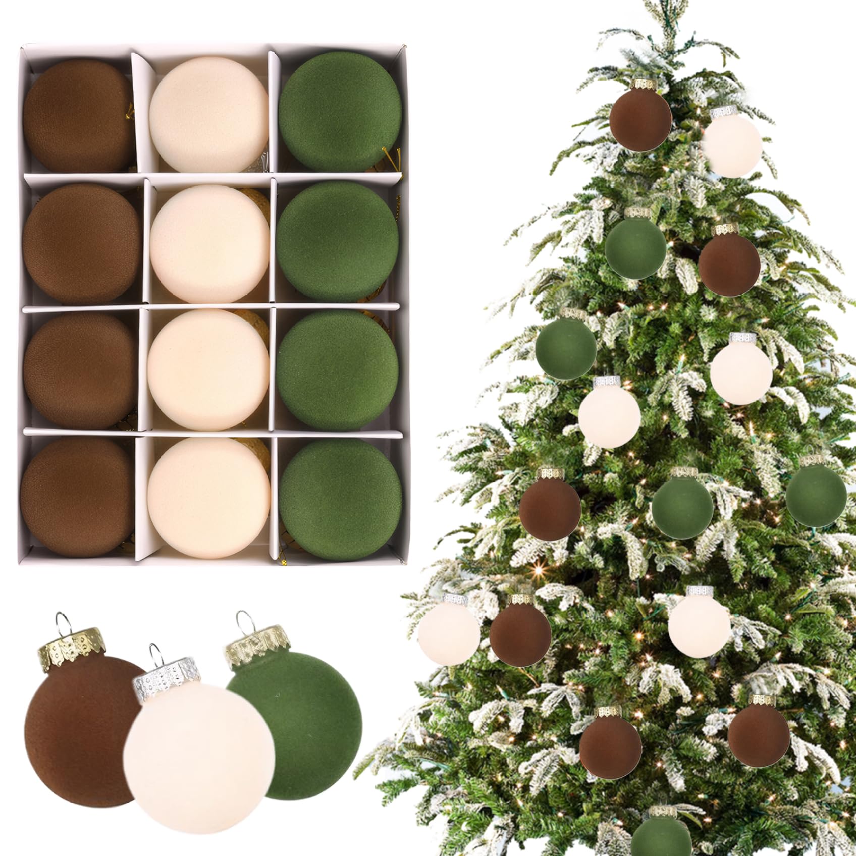 CAKEEYUM Velvet Christmas Balls 12Pcs 3 Color 2.36in Shatterproof Christmas Ball Ornaments Hanging Velvet Ornaments for Tree, Wreath, Garland Balls Bal