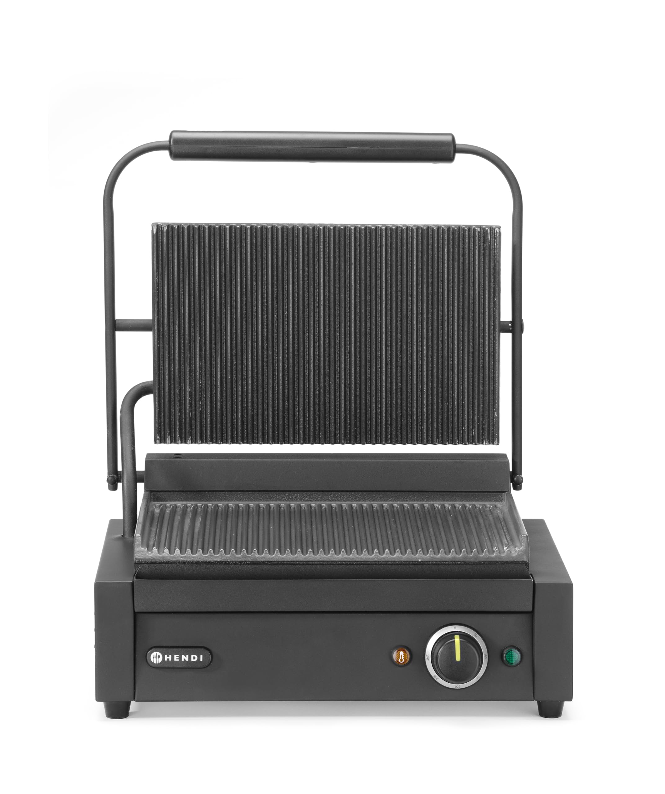 HENDI Piastra Elettrica a Contatto, Grill/Griglia Panini Professionale, Piastre Rigata in Ghisa Smaltata, 230V, 2200W, 430x375x(H)216mm, Acciaio Inox, Nero