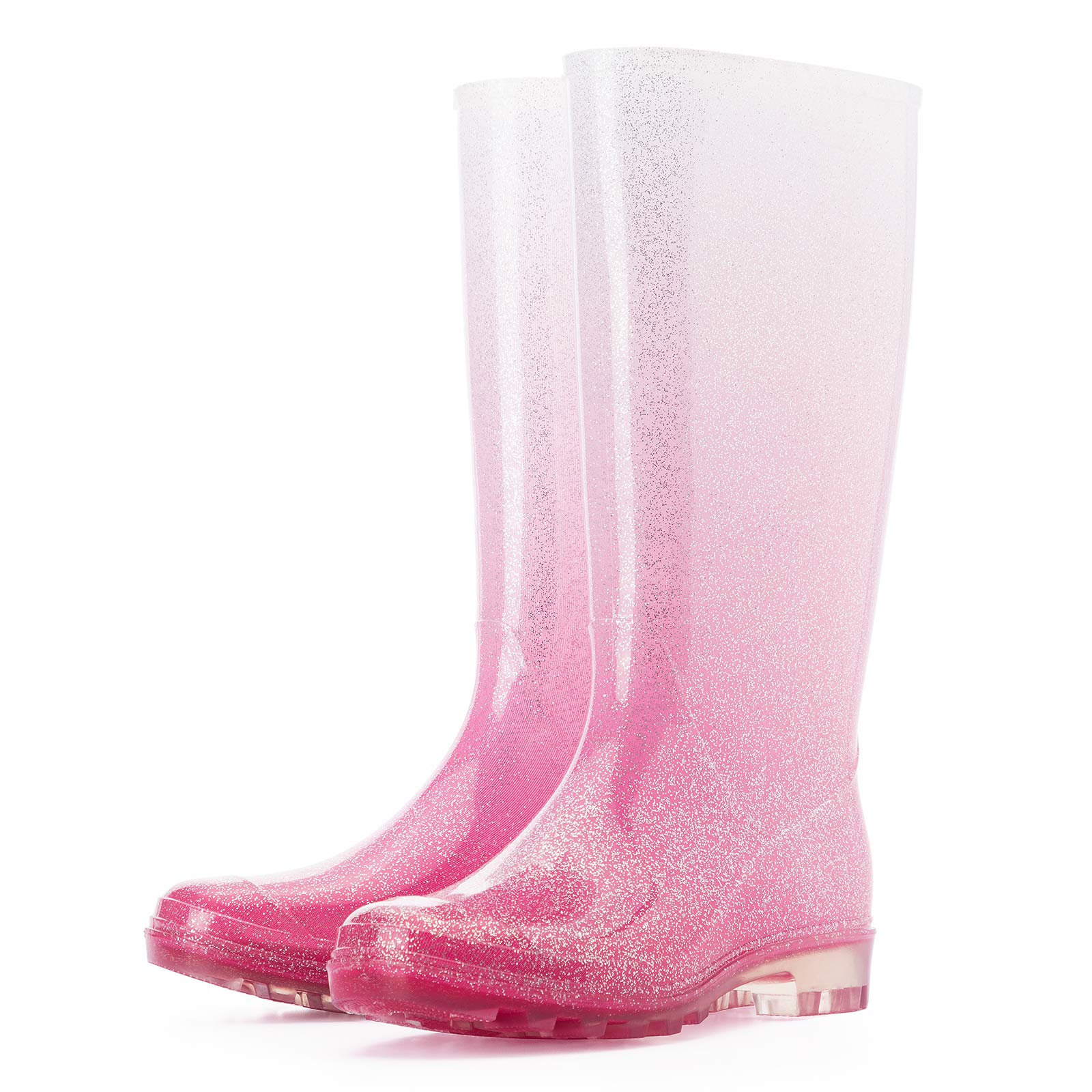 K KomFormeWomen’s Knee High Waterproof Rain Boots Glitter, Matte and Gradient