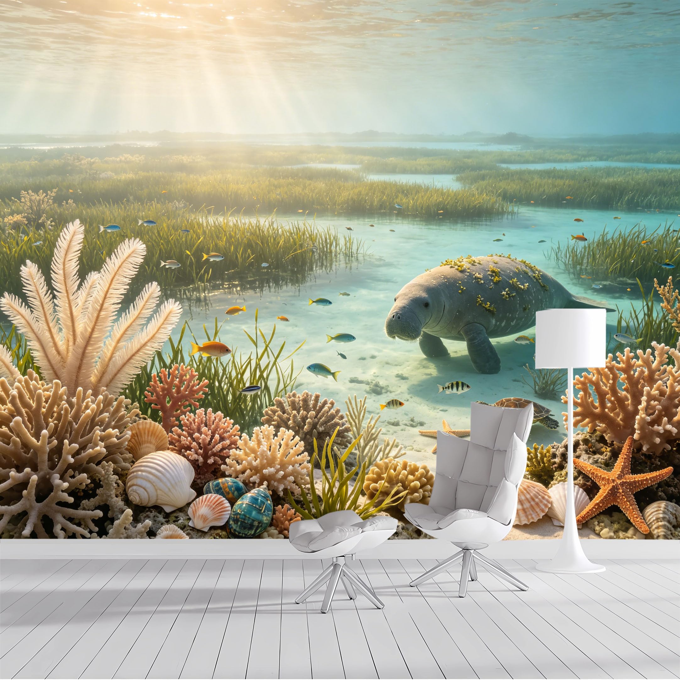 Custom Size Wall Mural Underwater Manatee Coral Reef Marine Life Seascape Watercolor SelfAdhesive Wall Fabric Removable Peel and Stick Wallpaper Wall Decor for Living Room Bedroom Bathroom