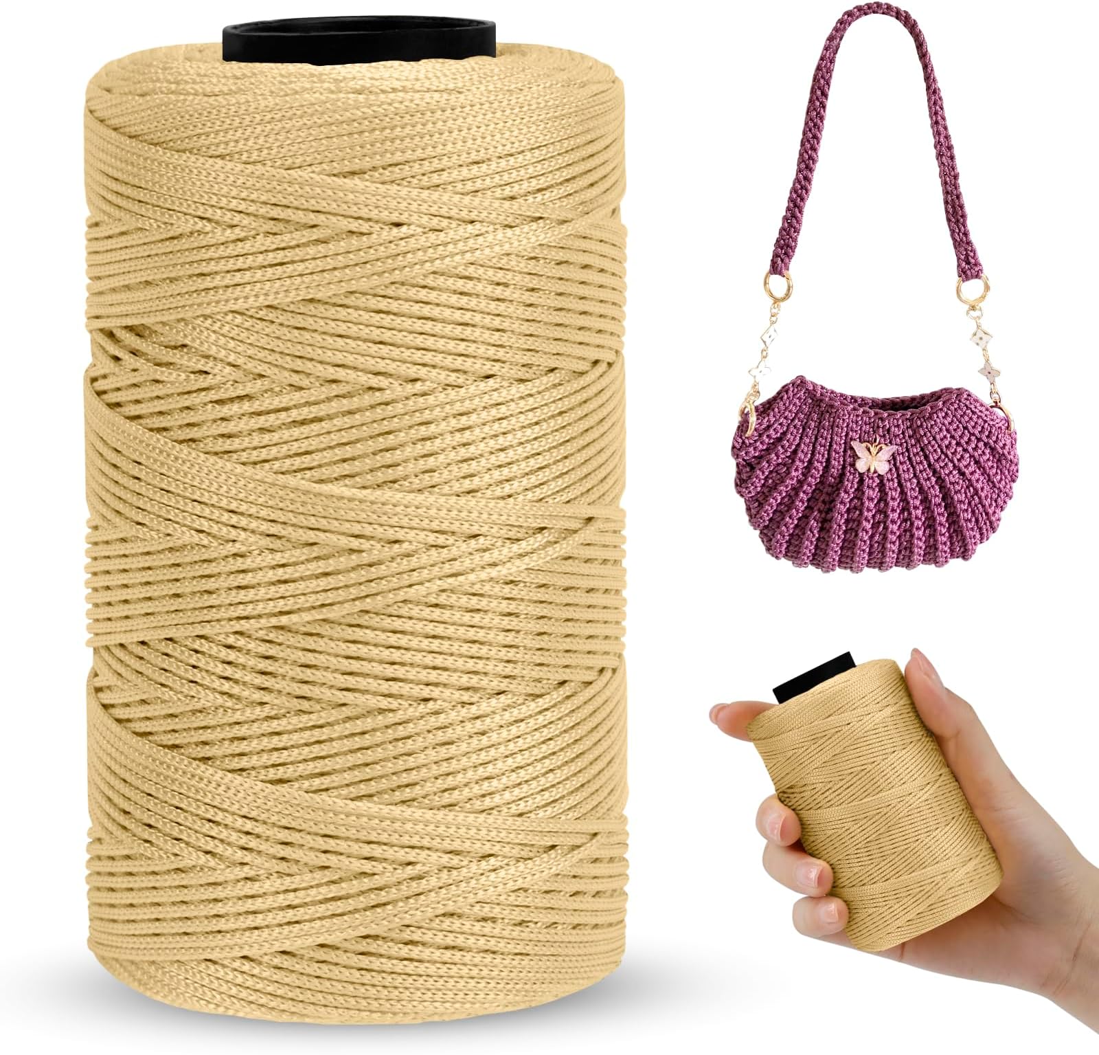 Polyester Macrame Cord 1mm x 230m, Polyester Yarn for Crocheting, Braided Polypropylene Crochet Bag Cord Macrame Yarn for Handbag, Beading, DIY Crafts (Khaki)