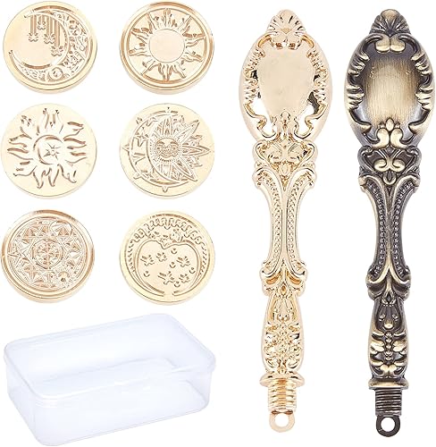 CRASPIRE Juego de 6 sellos de cera de la serie Moon Sun, cabezales de latón + 2 asas de aleación con una caja de regalo, kit de latón retro vintage