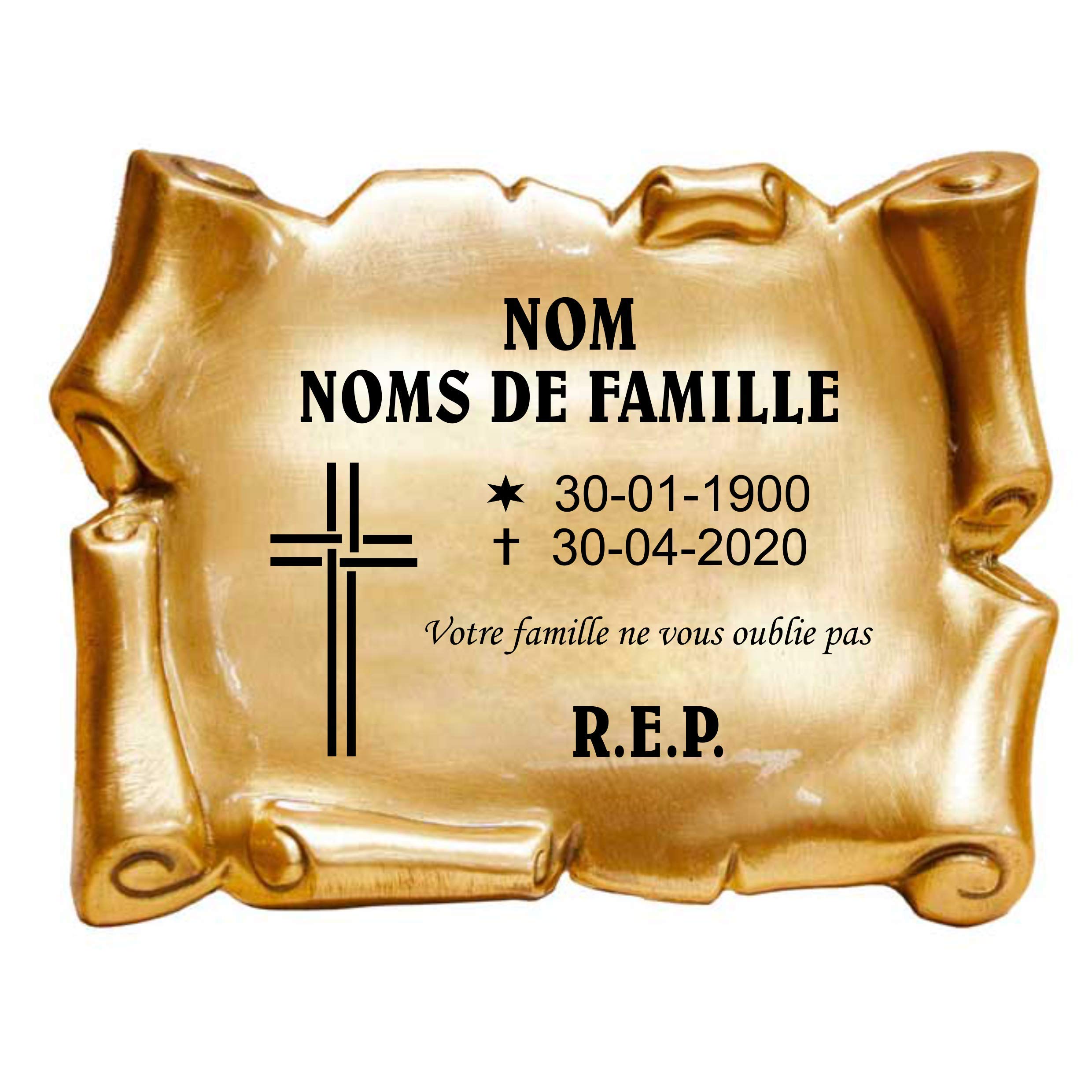 Placa Grabada para Cementerio | Pergamino con Relieve y diseño Cruz | Placa Conmemorativa de Latón con Acabado en Bronce | Tamaño 20 x 15 cm