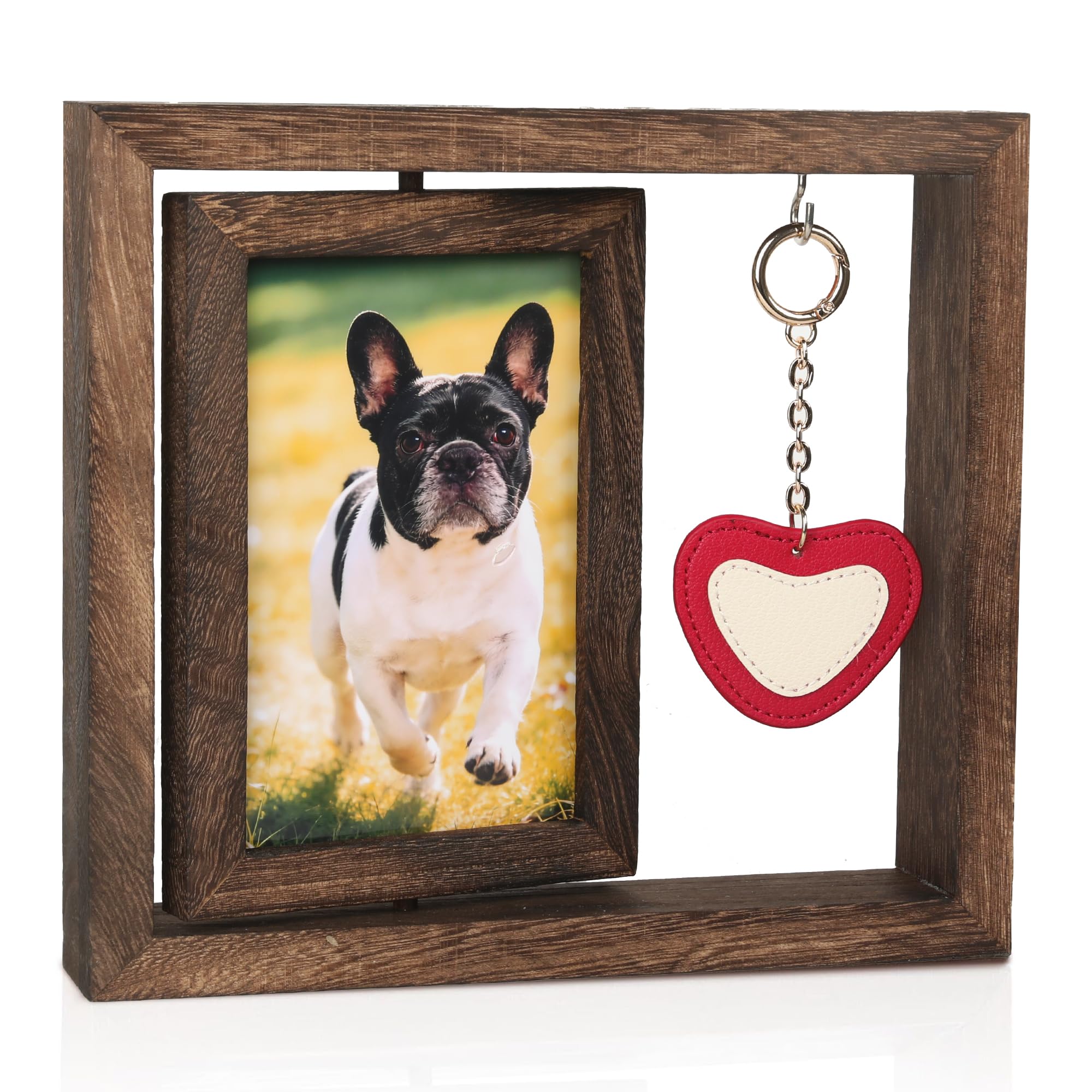 URIZZD Dog Memorial Gifts for Loss of Dog - Rotating Double-Sided Wooden Photo Frame for 4x6 Photo - Pet Loss Sympathy Gift with Leather Heart Charm (Brown+Red & White Heart Charm)
