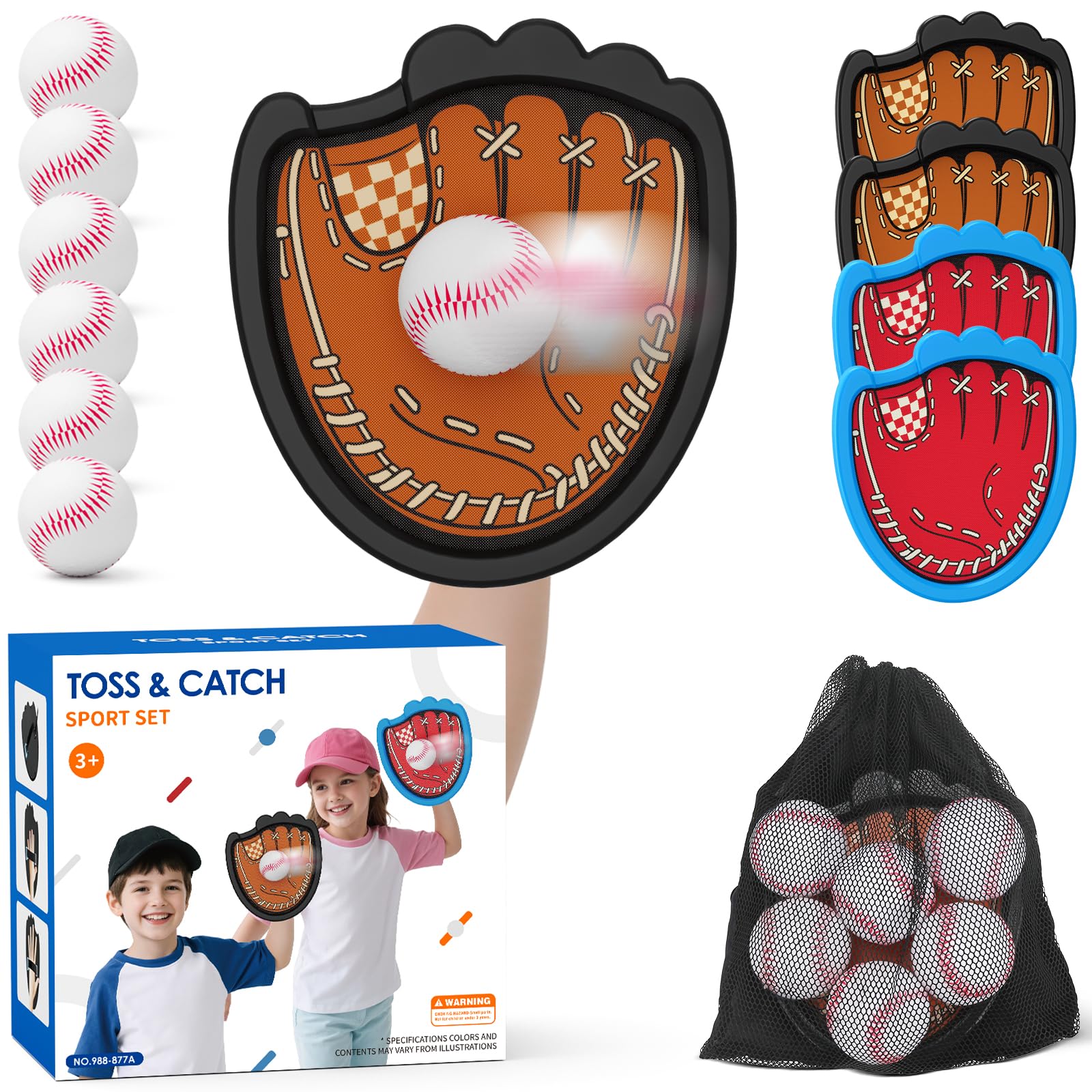Toss and Catch Ball Game, Outdoor Toys for Kids, Beach Pool Yard Games for Teens & Family, Toddler Baseball Glove Birthday Gifts for 3 4 5 6 7 8+ Year Old Boys & Girls (4 Paddles & 6 Balls)