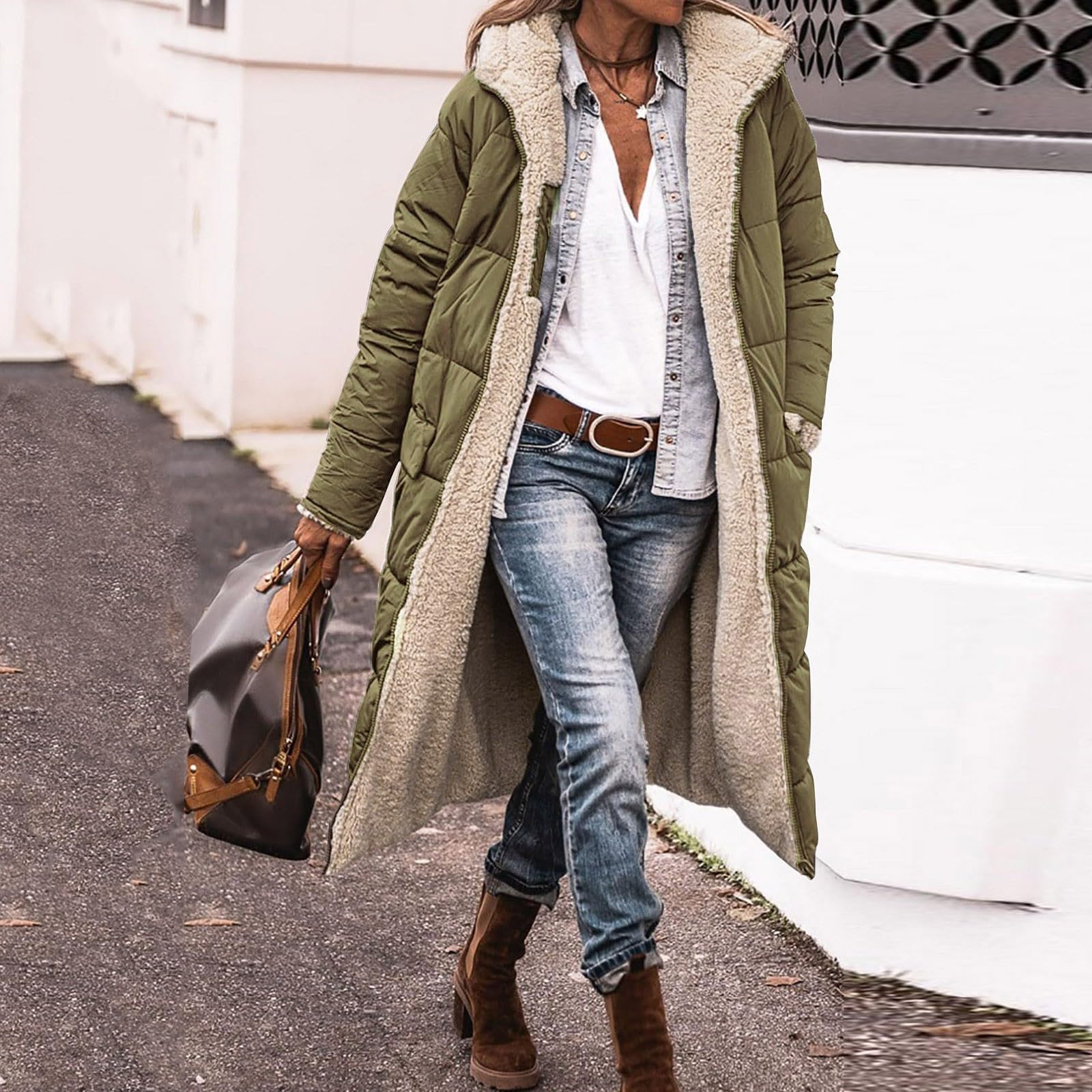 Generisch Cappotto invernale da donna, lungo, invernale, elegante, con imbottitura calda, con tasche, alla moda, con cerniera, piumino con cappuccio