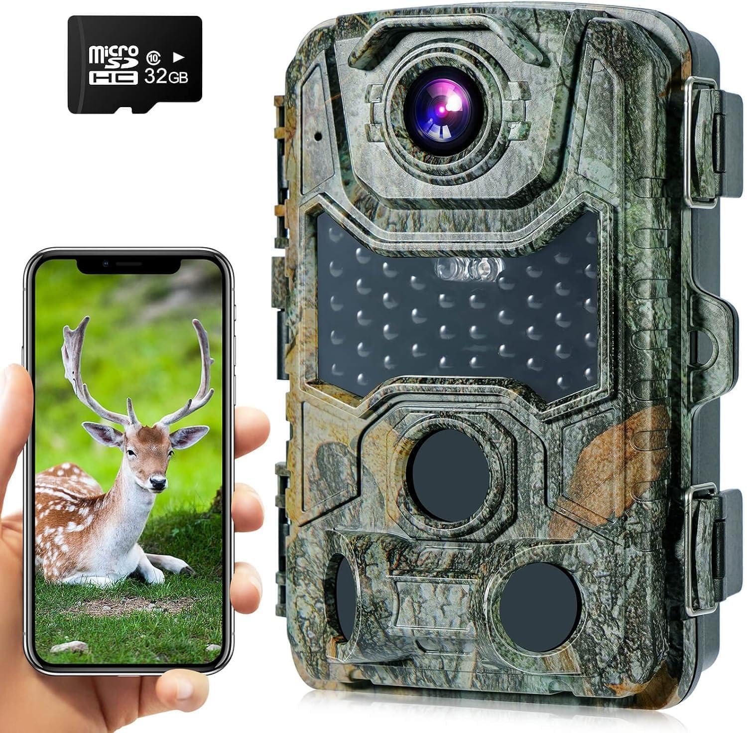 Crenova Wildkamera Handyübertragung APP 4K 32MP mit 32GB microSD 940nm IR LEDs WLAN Bluetooth, Wildtierkamera mit Nachtsicht Bewegungsmelder Spielkamera IP66 Wildbeobachtung Waldkamera