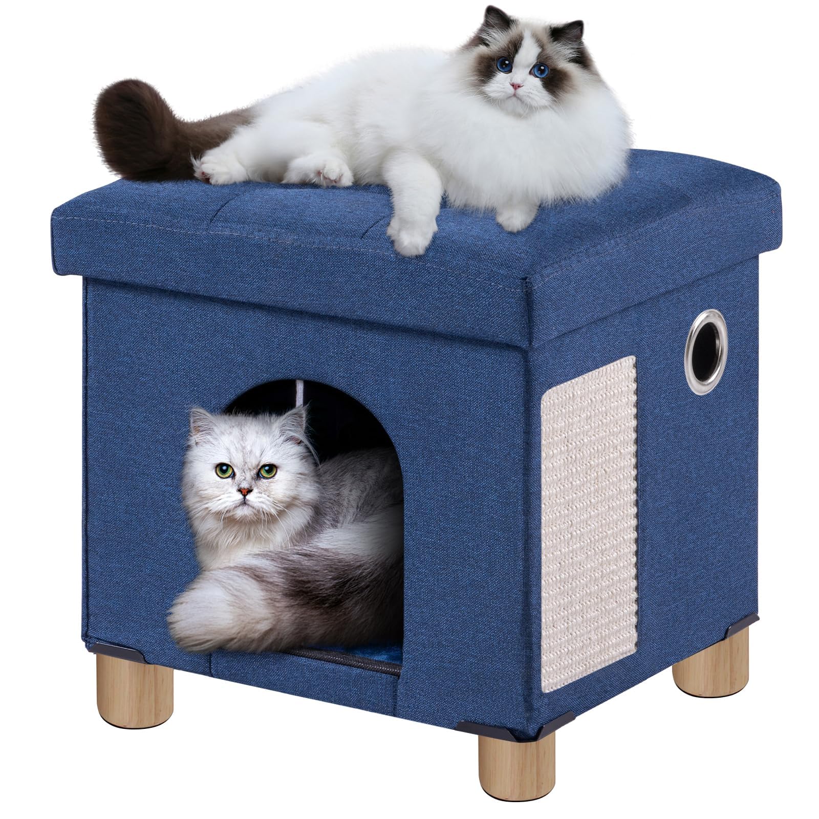 Maison fermée pour chat avec griffoir et balle de jeu suspendue bleu