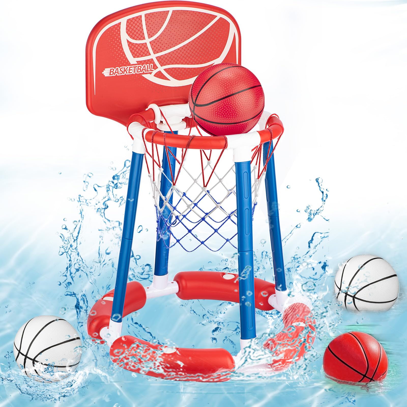 Pool Basketball Hoop with Backboard, Summer Toys for Kids, Inflatbale Basketball Games Toys with 4 Balls & Pump for Swimming Pool, Outdoor Water Toy for Kids Adults, Red