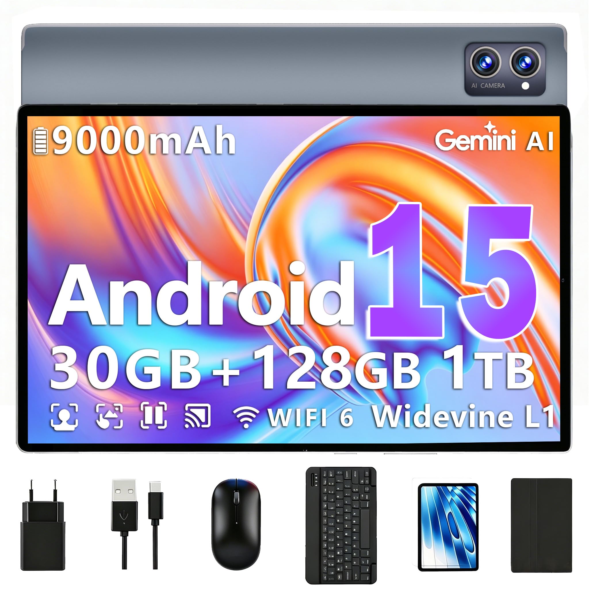 ZENTALITY Android 15 Tablet 10 Zoll HD IPS System mit Gemini AI 30GB RAM+128GB ROM(TF 2TB) Widevine L1 Face ID 9000mAh Octa-Core 2.0GHz 5G WLAN/BT5 Dual Kamera Bildschirmübertragung Split Screen Modus