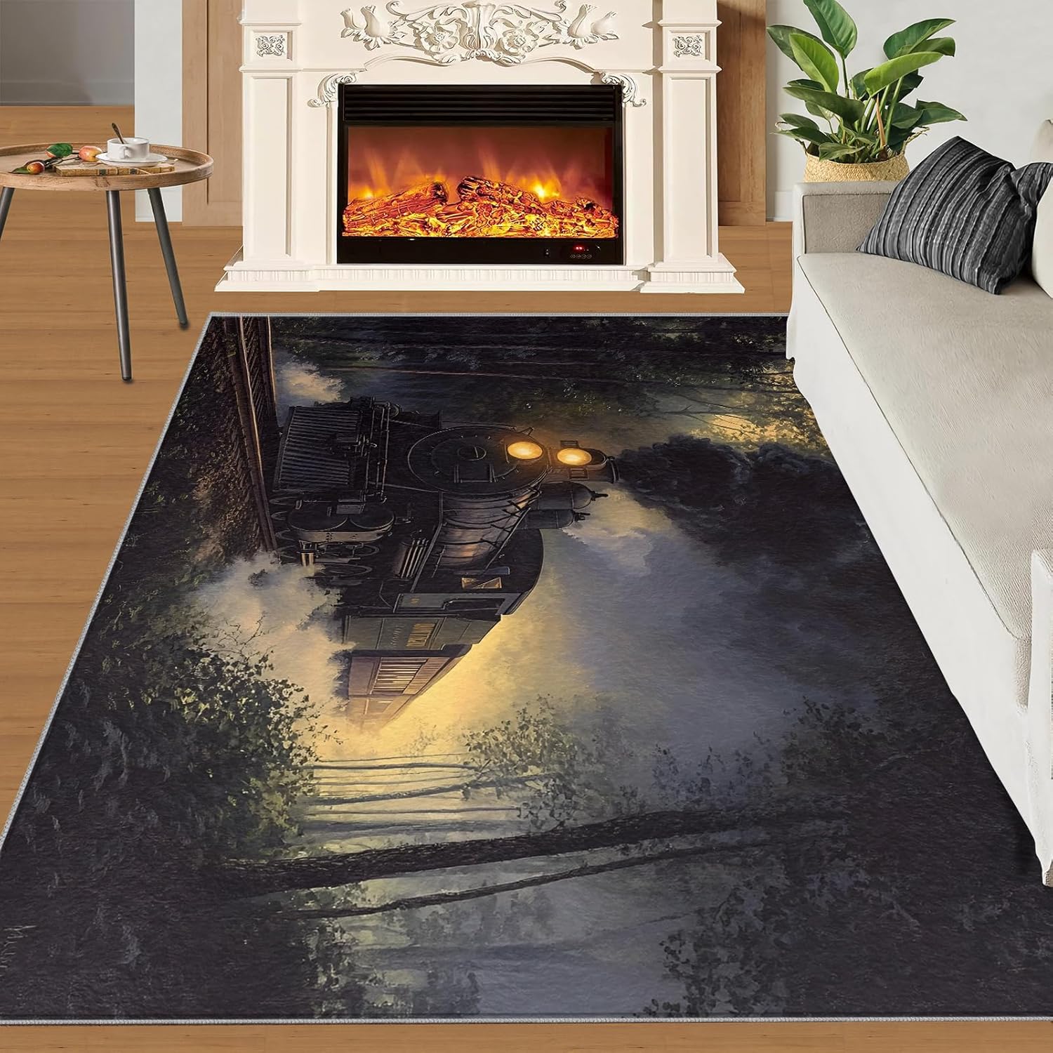 Steam Engine Rug - 2x3 Rugs for Entryway, Industrial Train Area Rug, Forest Train Washable Rugs for Bedroom, Non Slip Soft Railways Indoor Carpet - Home Decor, Rail Road Smoke Gifts for Boys