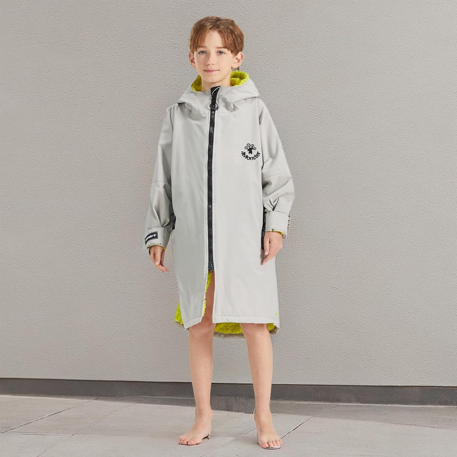 4Monster Swim Parka with Hood,Quick-dry Wetsuit Changing Robe Waterproof,Warm Coat Surf Poncho for Water Sport, Beach&Pool (Long Sleeve Silver, XX-Small)