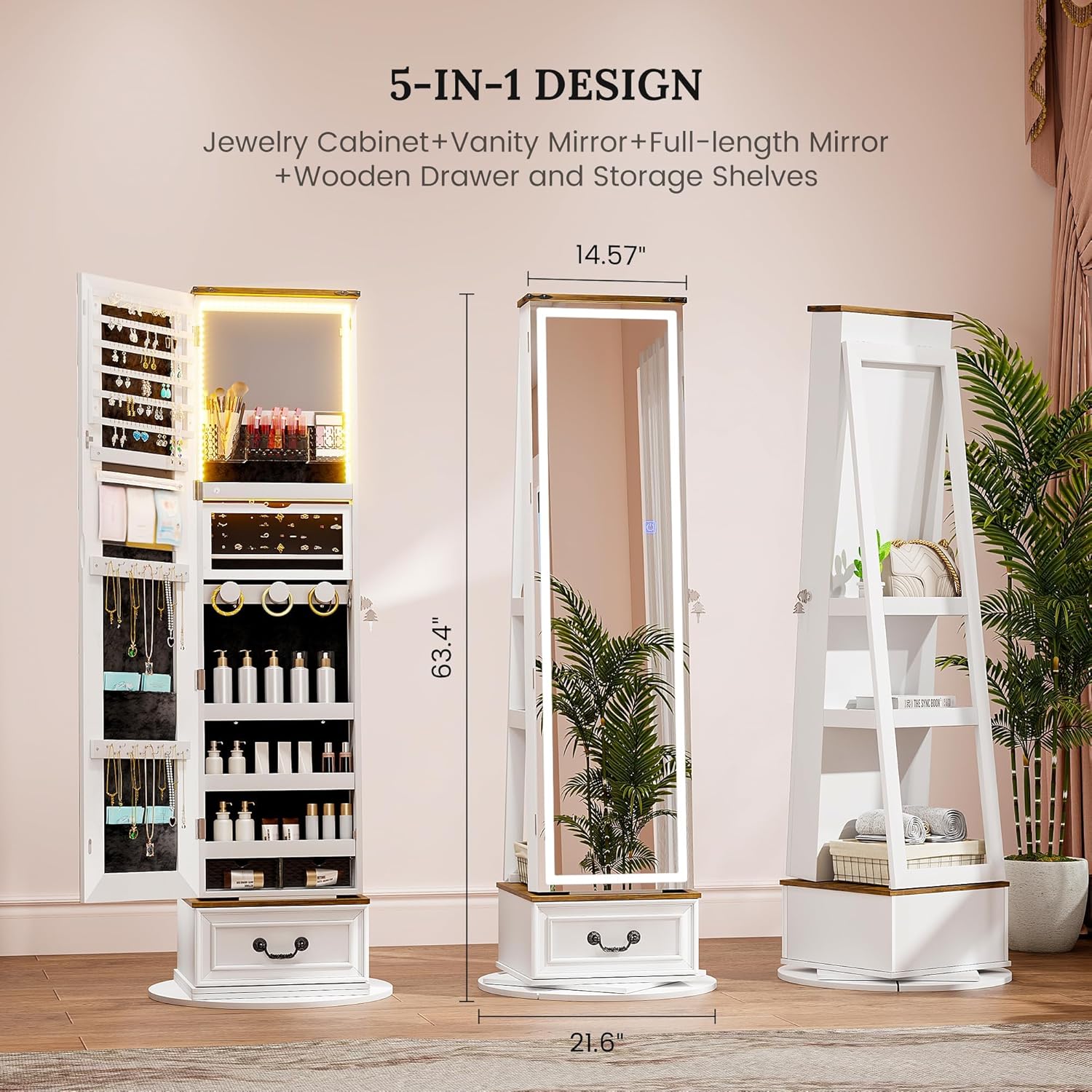 LVSOMT LED Mirror Jewelry Cabinet Standing, Jewelry Armoire Organizer with Full Length Mirror, 360°Swivel Mirror with Jewelry Storage and Large Wooden Drawer (Pristine White)