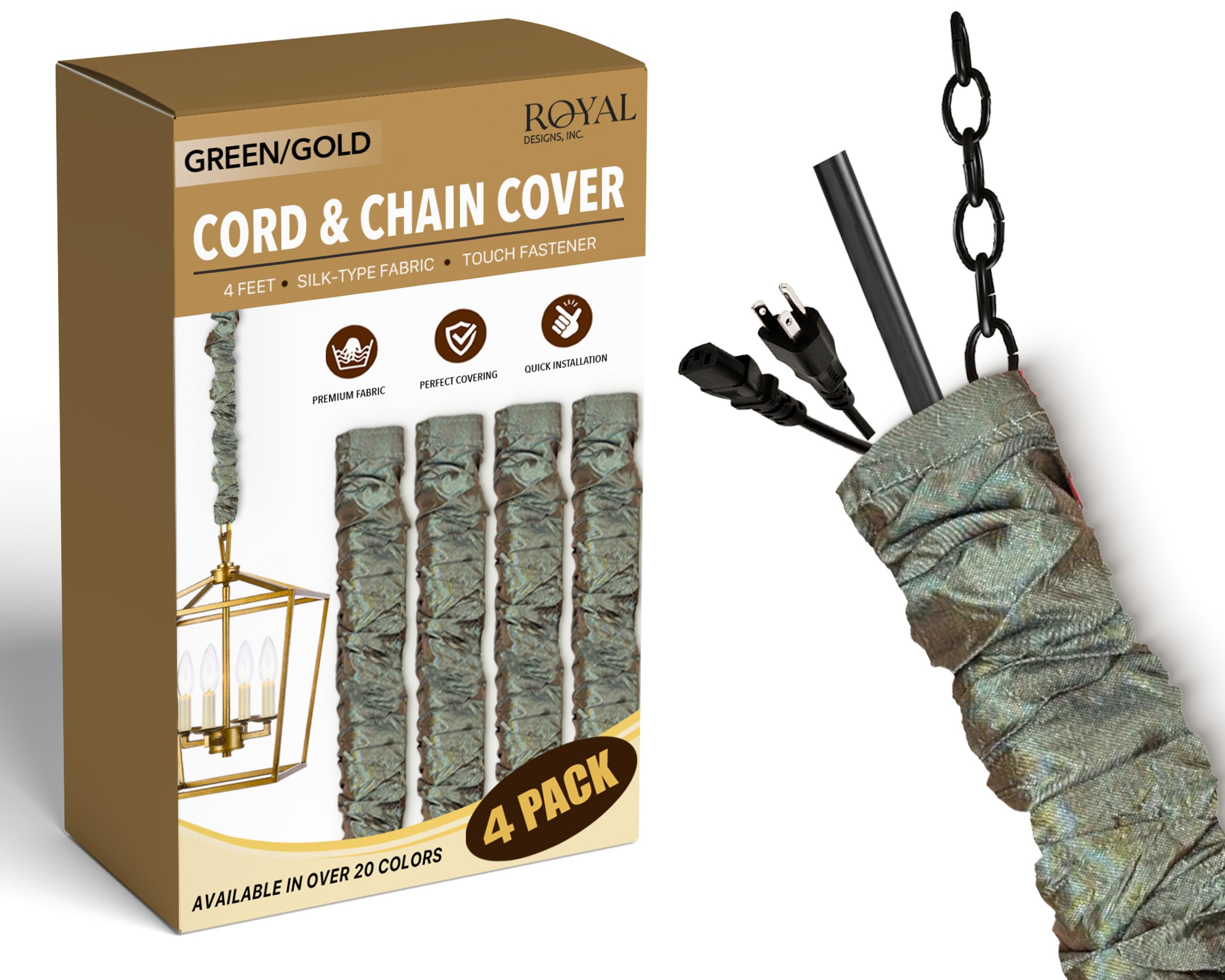 Royal Designs, Inc. Cord &amp; Chain Cover 4 ft Silk Type Fabric, Chandelier Pendant Lighting Chain &amp; Cable Management, Touch Fastener, Green Gold - 4 Pack
