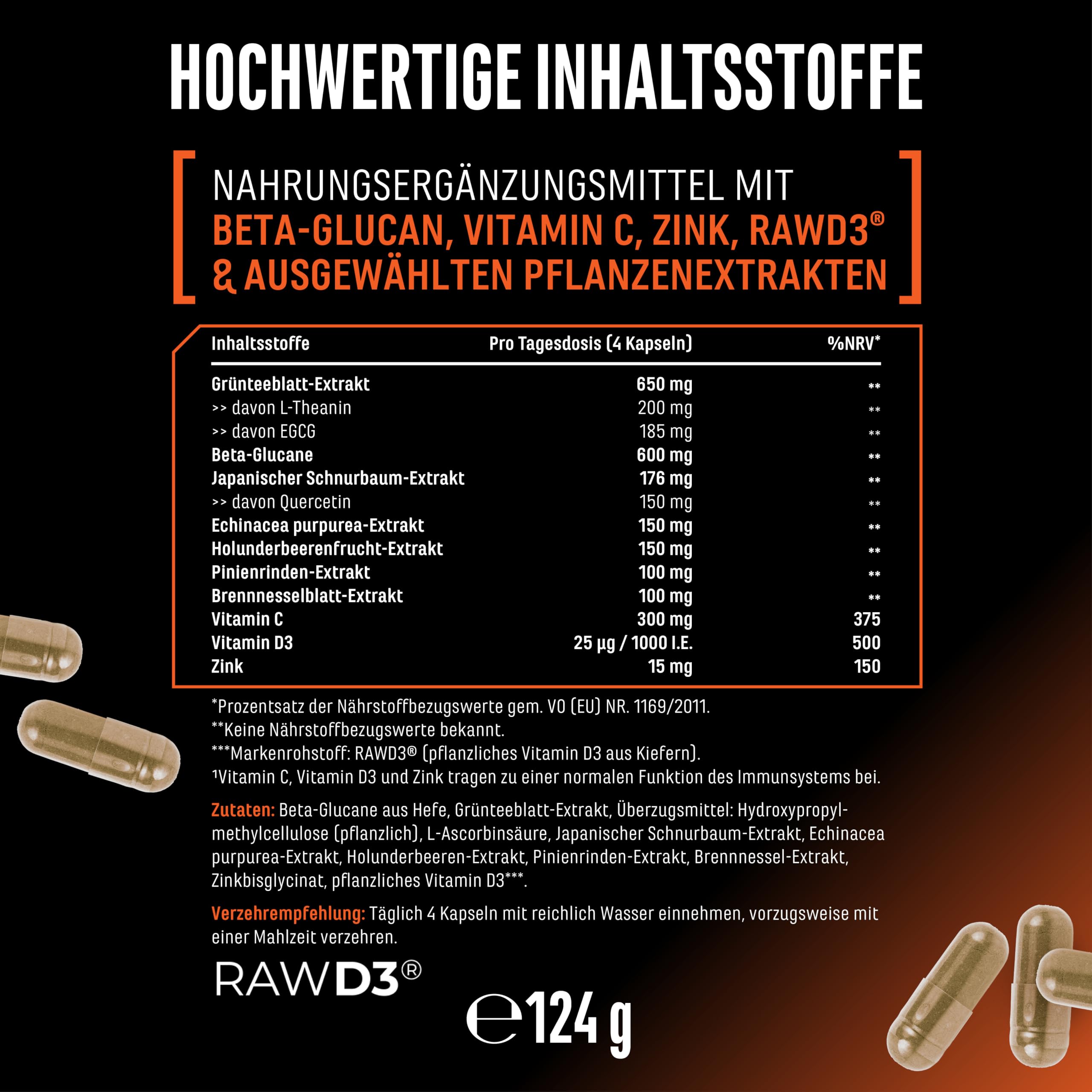 Immunity Essentials Komplex - 180 Kapseln mit Beta Glucan, Vitamin C, D3 (RAWD3®), Zink, Quercetin Echinacea Holunder & Pflanzenextrakten - hochdosiert, vegan