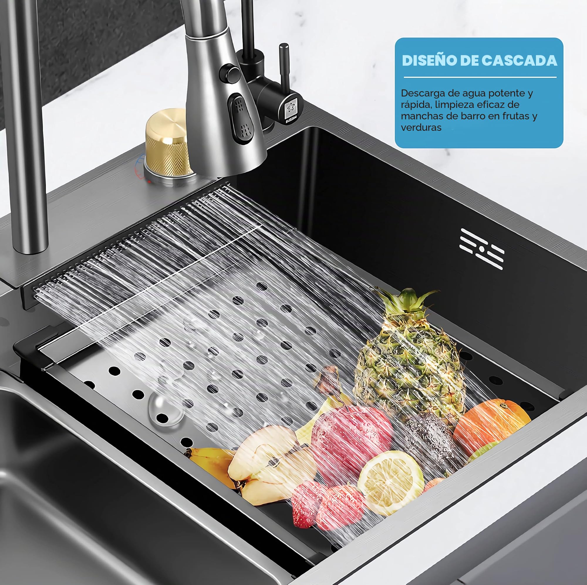 Fregadero de cocina,gris oscuro 304 fregadero de acero inoxidable, fregadero cocina 1 seno,fregadero multifuncional con grifo extraíble y otros accesorios (80x45cm)