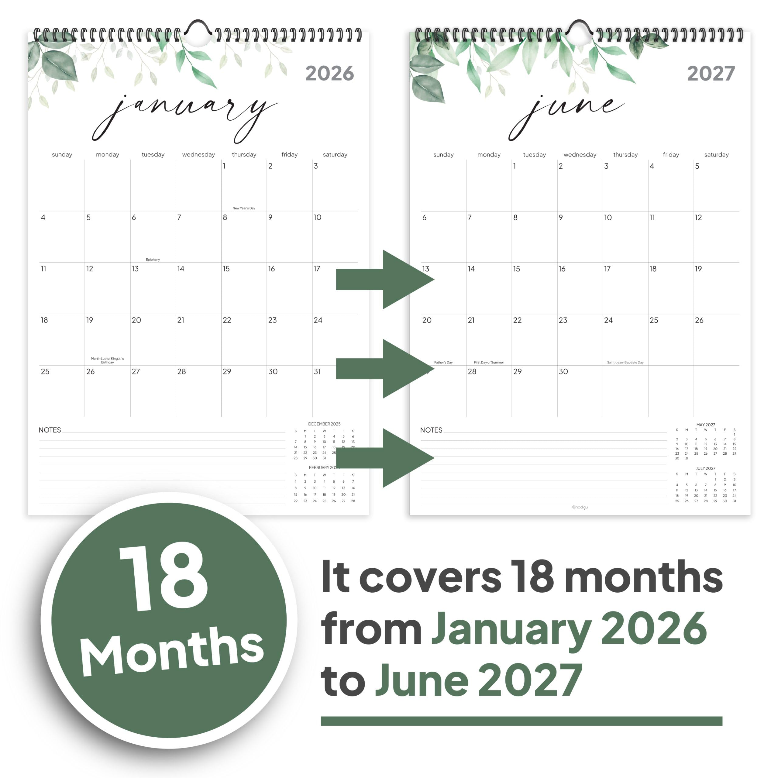 Wandkalender 2026-2027, 18 Monate, läuft von Januar 2026 bis Juni 2027, 43,2 x 30,5 cm, großer Wandkalender mit Aufhänger, dickes Papier, Spiralbindung, weiches grünes Design