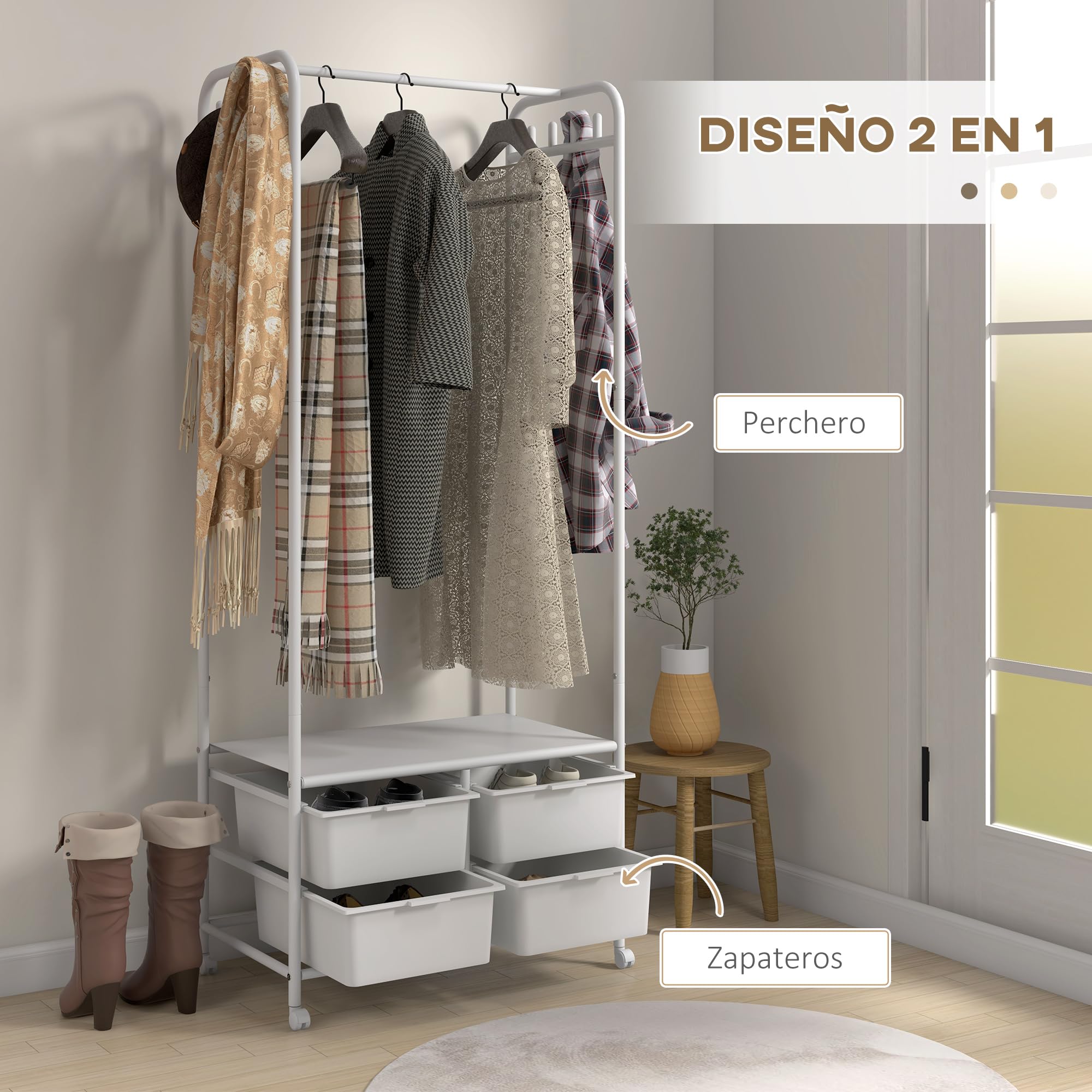 HOMCOM Perchero con Zapatero Moderno con 8 Ganchos 63x37x153 cm Blanco | 4 Cestas para Zapatos, Perchero Entrada, con Ruedas, Marco de Acero, para Salón Dormitorio Pasillo