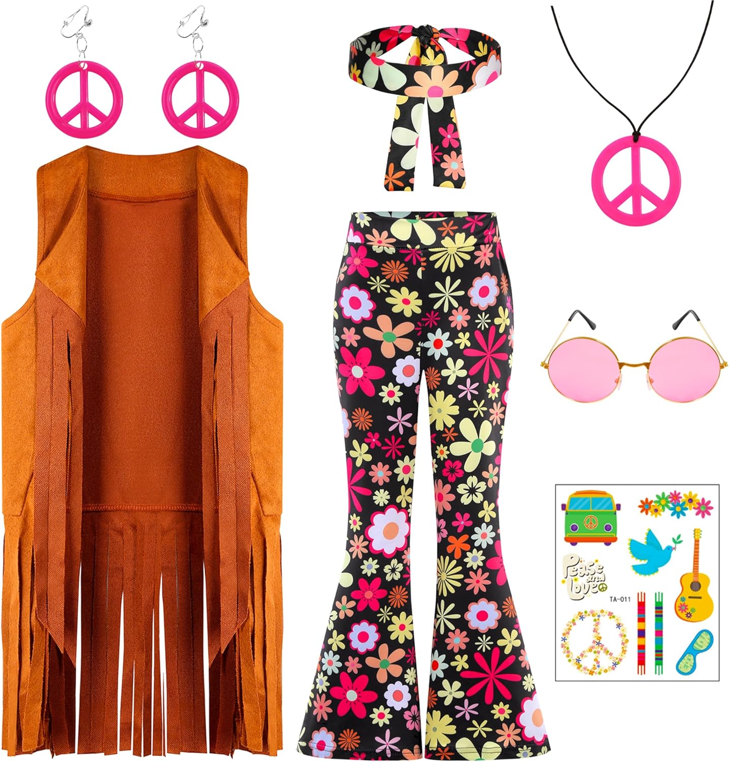 Girls Hippie Costume Kids 60s 70s Hippie Outfits Set Halloween Party Dress Up - Image 2
