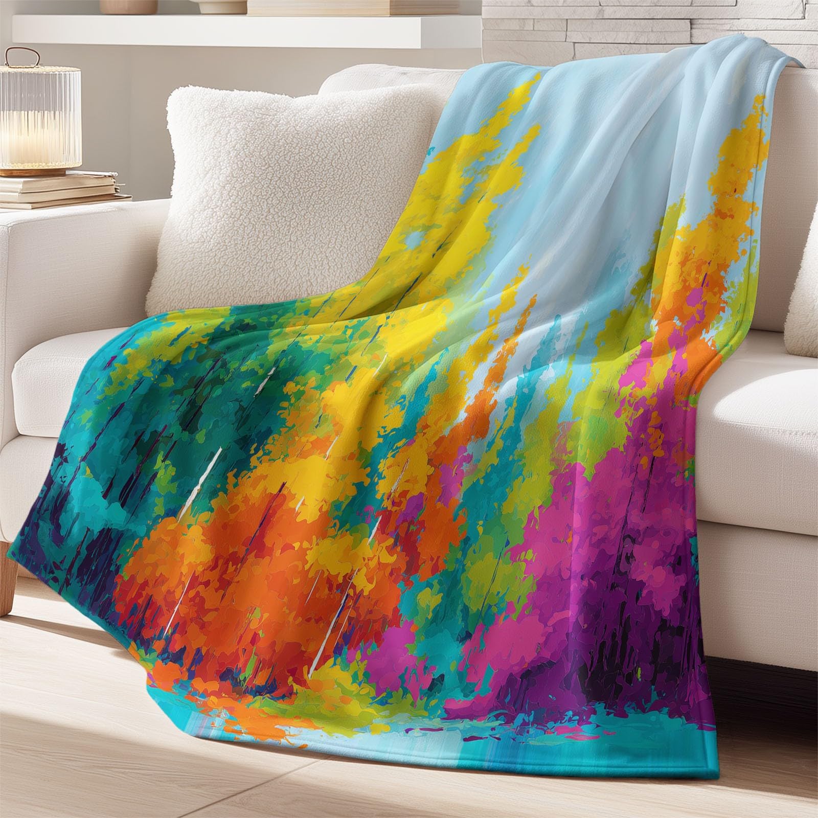 Generisch Przytulny koc polarowy, artystyczny, abstrakcyjny, naturalny las, 180 x 200 cm, koc na kanapę, puszysty koc z mikrofibry, narzuta na sofę, do sypialni