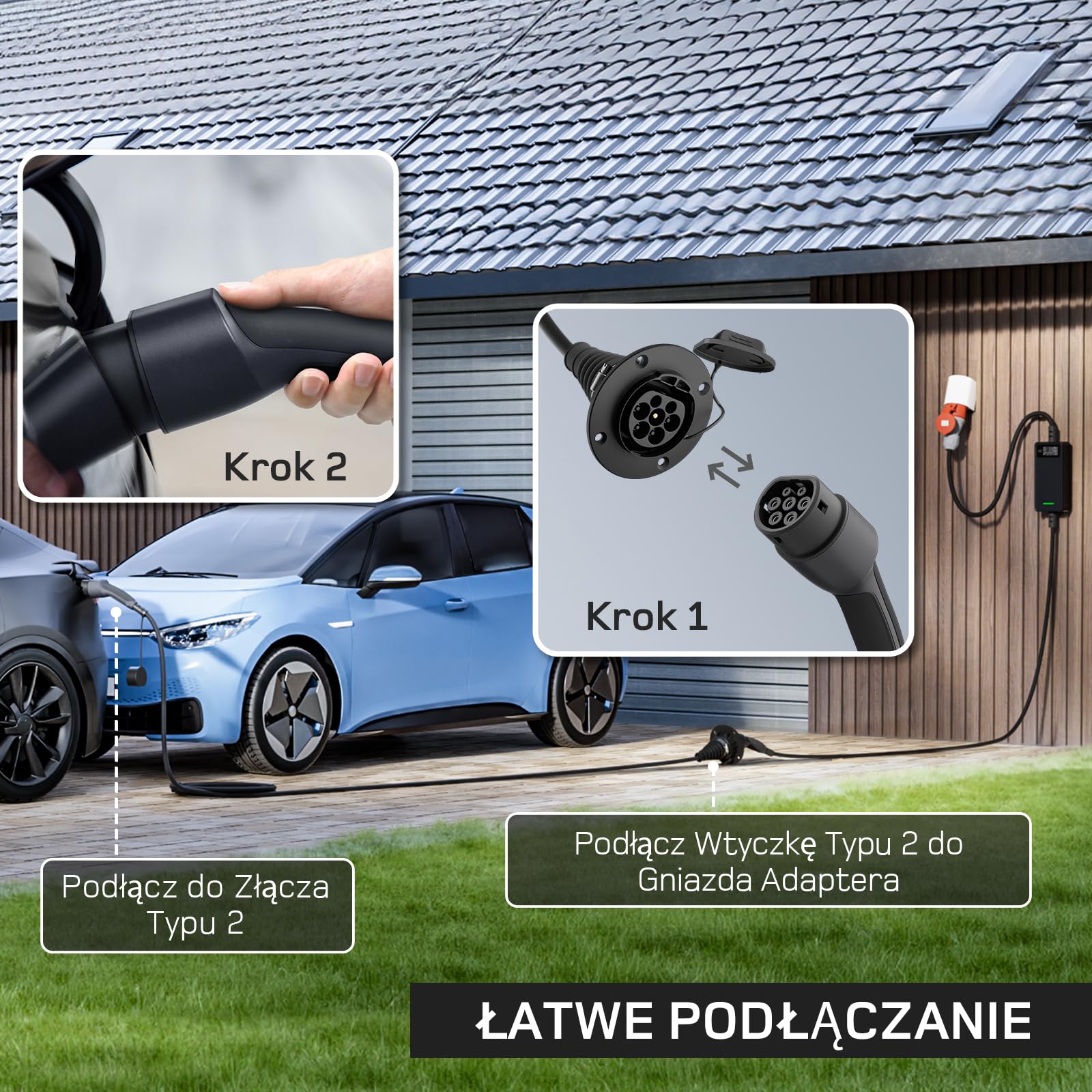 Przedłużacz Ładowania Typu 2 [5 m, 11 kW, 16 A] 3-Fazowy Kabel 400 V, IP54, Kompatybilny z Pojazdami BEV i HPEV zgodnymi z IEC62196-2, z futerałem do przenoszenia.