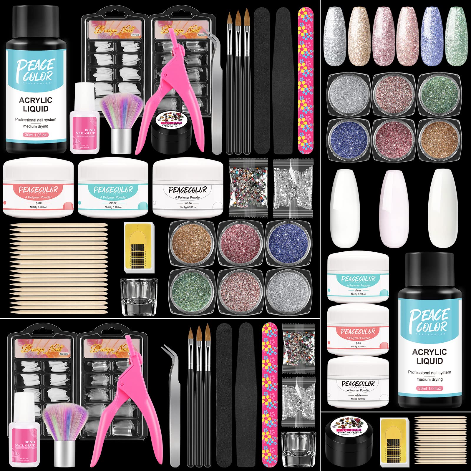 Photo 1 of Acrylic Nail Kit Acrylic Powder and Liquid Monomer 30ml Set Nail Art Decoration Glitter Powder False Nail Tips for Nails Extension with Acrylic Nail Brush Nail Tool Kit for Home DIY & Nail Salon