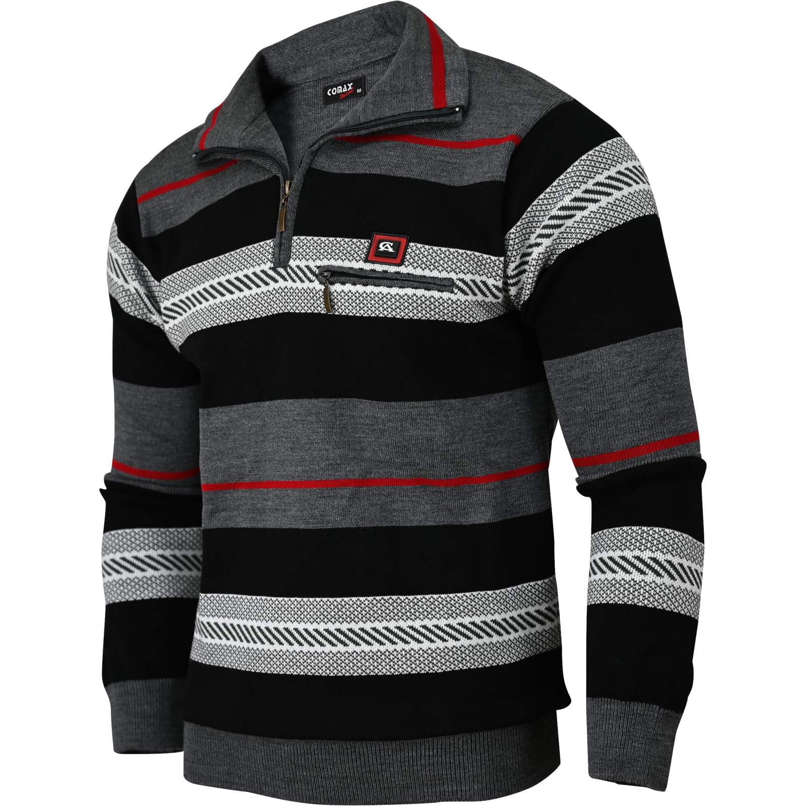 Soltice Herren Langarm Sweatshirt mit Brusttasche, Gestreifter Strickpullover mit Kragen, Meliert, Winter Baumwoll Poloshirt (M bis 3XL) - 3