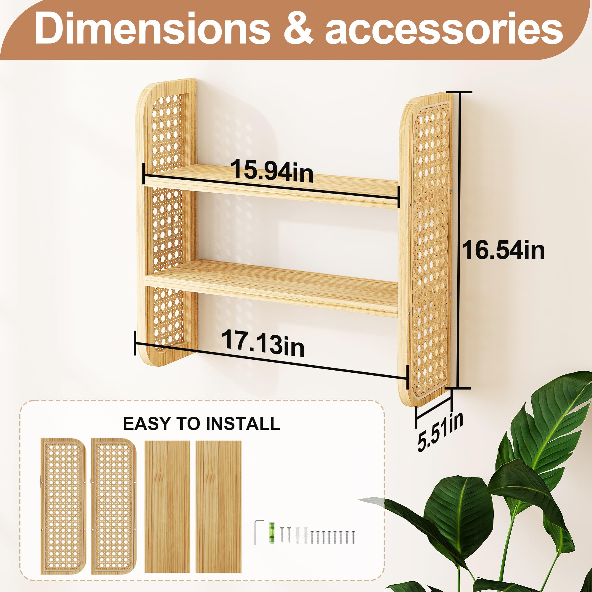 LUPWNEKA 2-Tier Rattan Shelf, Natural Rattan Bookshelf Wall Mounted, Handmade Woven Display Shelf, Decorative Boho Shelves for Entryway, Nursery, Kitchen, Bathroom, Living Room