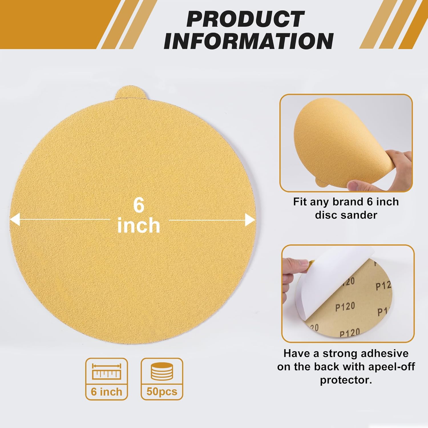 50 PCS 6 Inch PSA Sanding Discs 120 Grit Self Adhesive Sticky-Back Sandpaper for Easy Attachment Premium Quality Sanding Disc for Efficient Sanding Performance