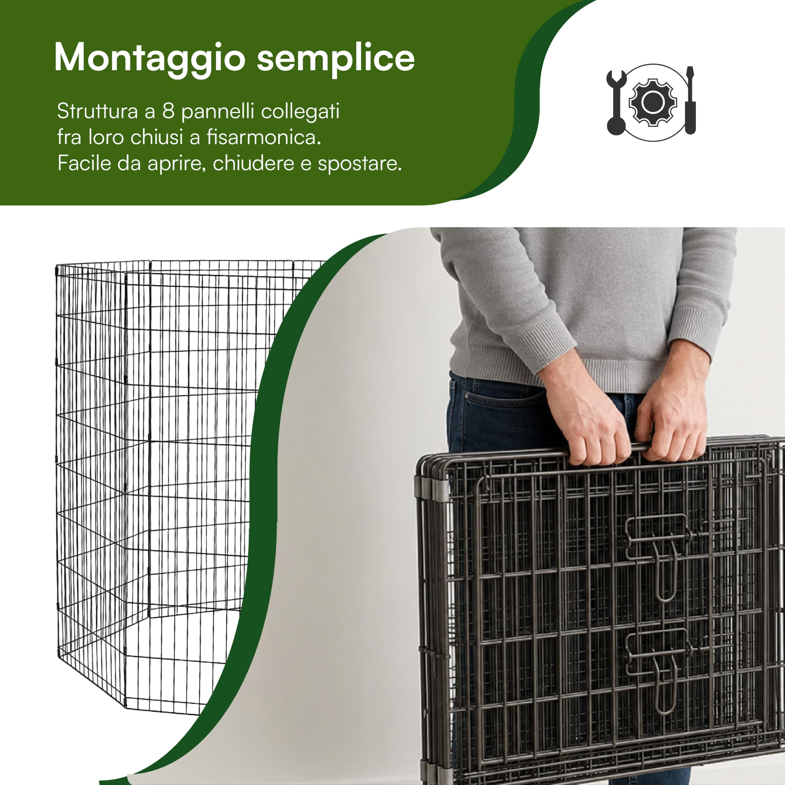 Baroni Home Recinto per Cani a 8 Pannelli in Metallo, Box Modulare per Animali con Porta Integrata, Recinzione per Interno ed Esterno, Montaggio Senza Attrezzi, 120x60 cm