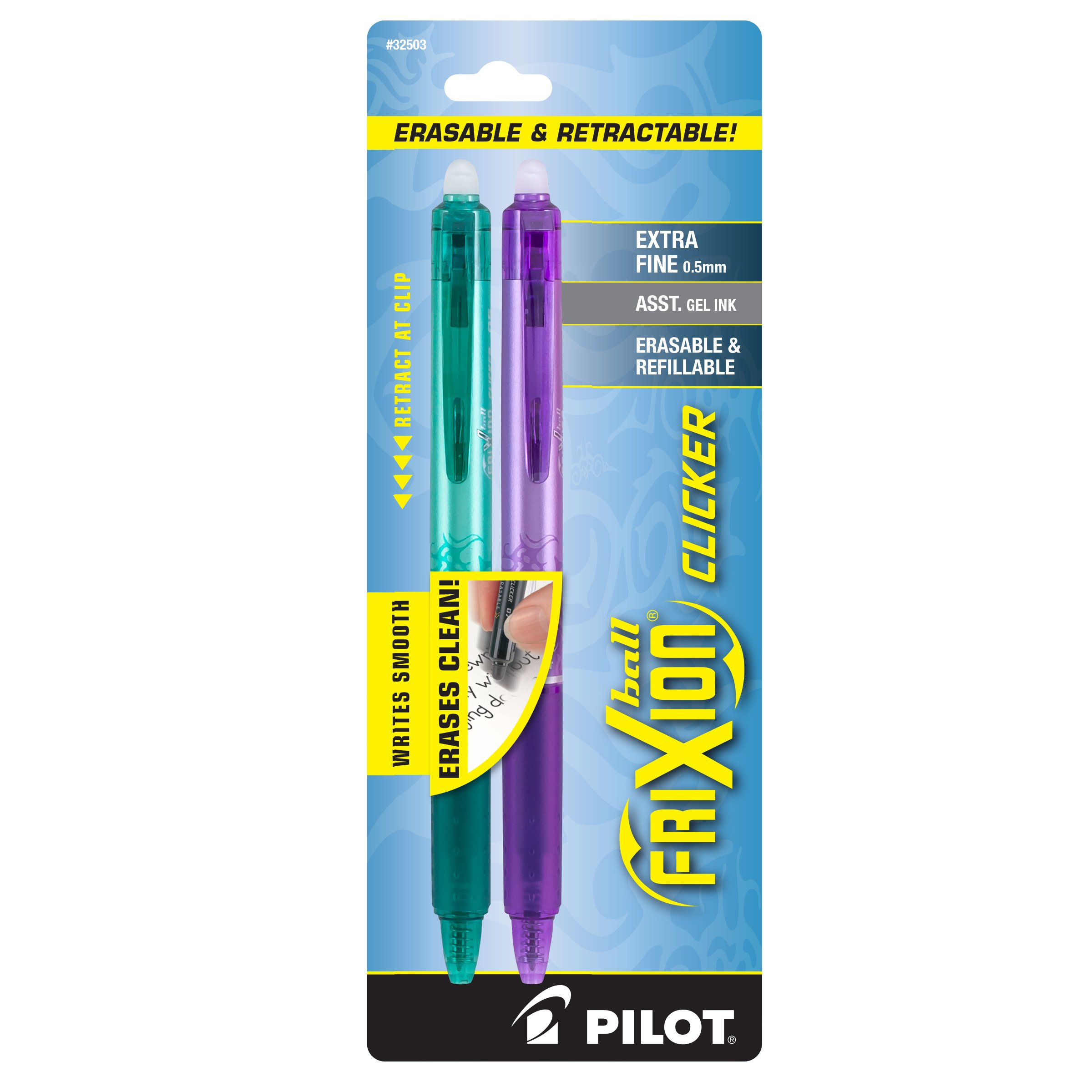 Pilot FriXion Clicker Retractable Erasable Gel Pens Extra Fine Point (.5) Assorted Color Inks 2-pk; Make Mistakes Disappear, No Need For White Out with America's #1 Selling Pen Brand