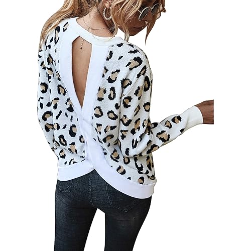 Chigant Women's Leopard Sweater Sexy Wrap Backless Ribbed Knit Round Neck Loose Fit Warm Pullover Jumper Tops