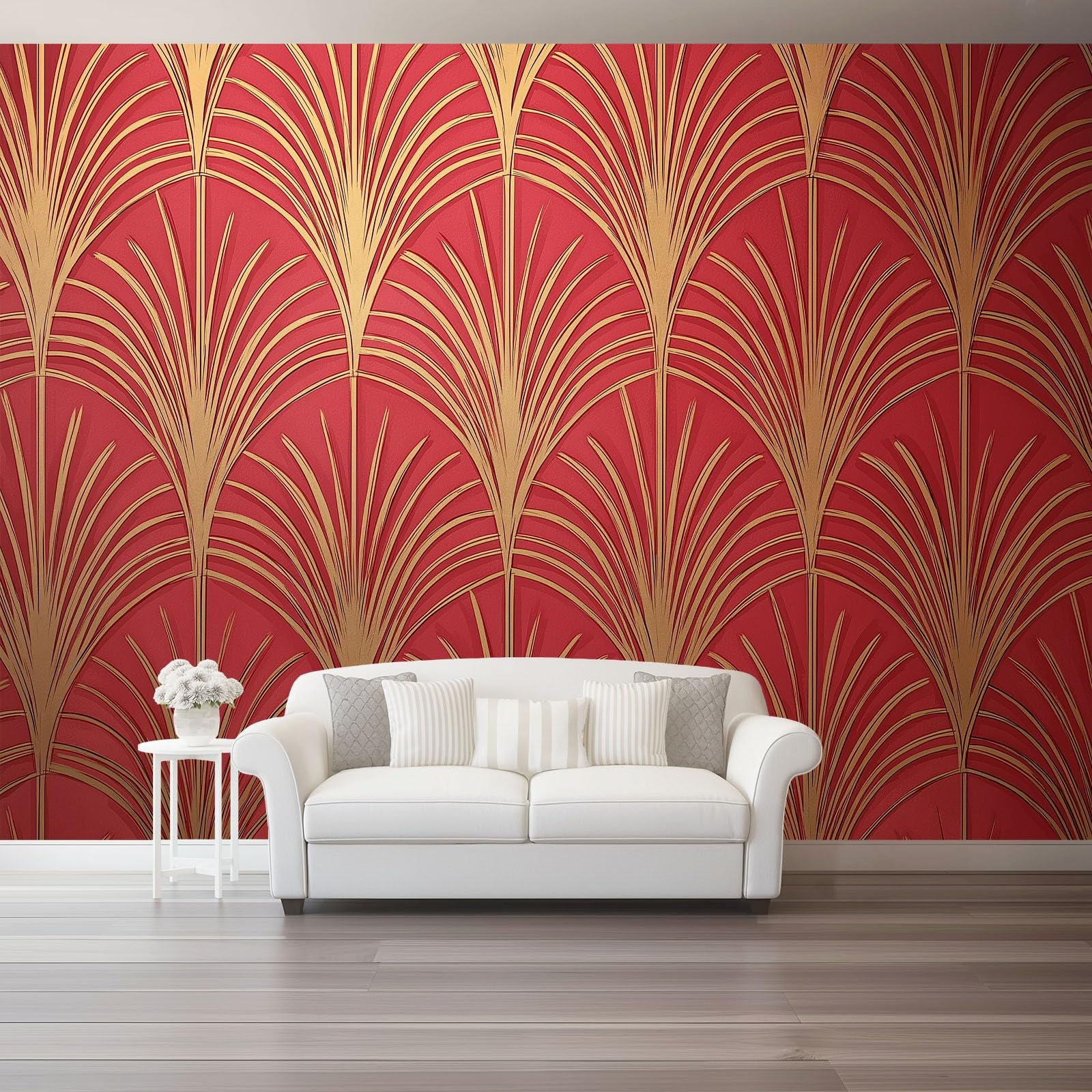 Nowoczesny mural ścienny tapeta z włókniny czerwone złoto - geometryczna tekstura w kształcie wachlarza elegancki design do salonu i sypialni, duża zdejmowana dekoracja ścienna, bez kleju, 350 x 256
