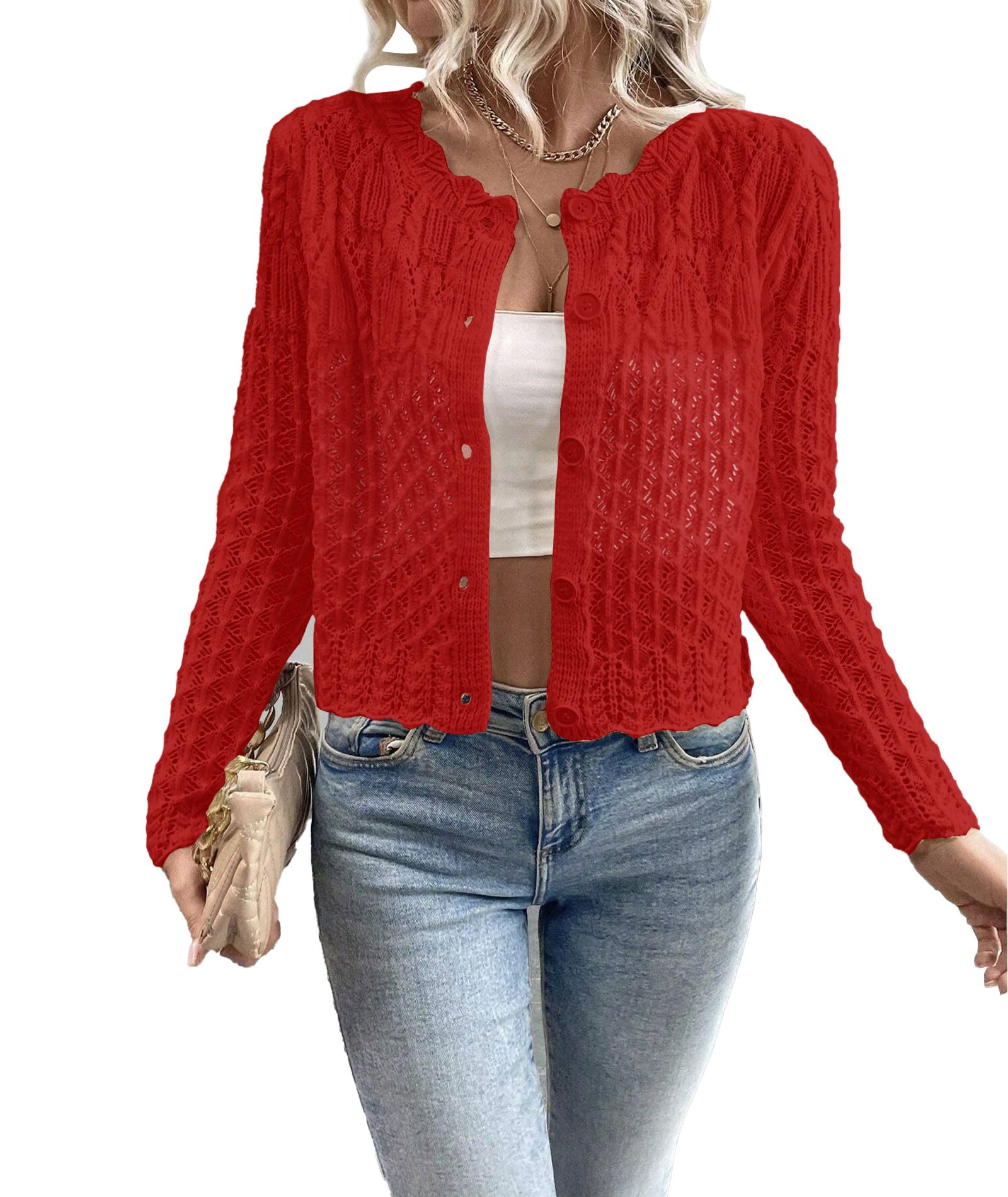 Urchics Knit Cardigan Sweaters for Women Crewneck Cropped Sweater Long Sleeve Front Button Fall Tops