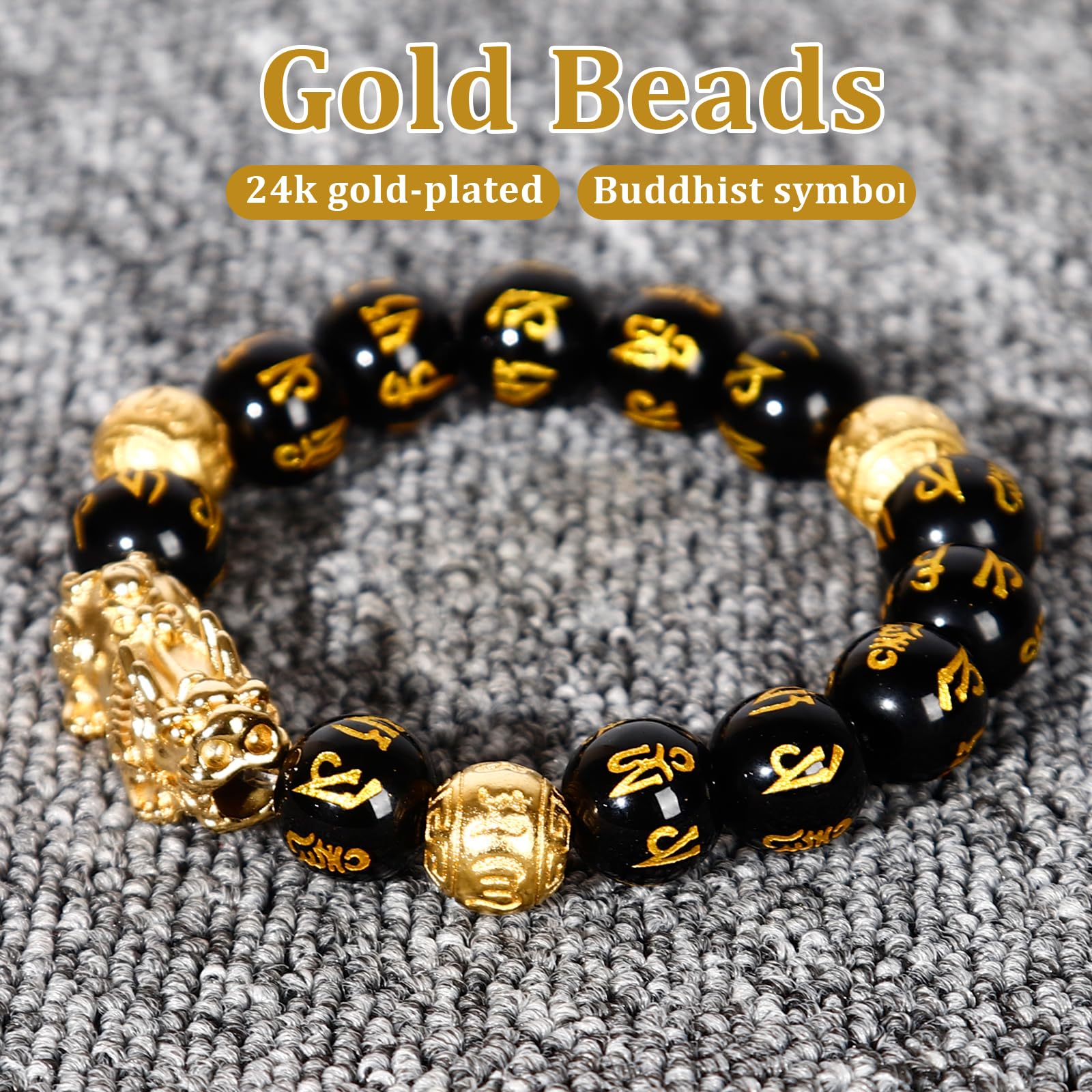 Buiufish - Pulsera de obsidiana Feng Shui, chapada en oro de 24 quilates, pulsera Pixiu de protección de dragón para hombres y mujeres, pulseras de cuentas de oración mantra de 0.47 pulgadas que 4