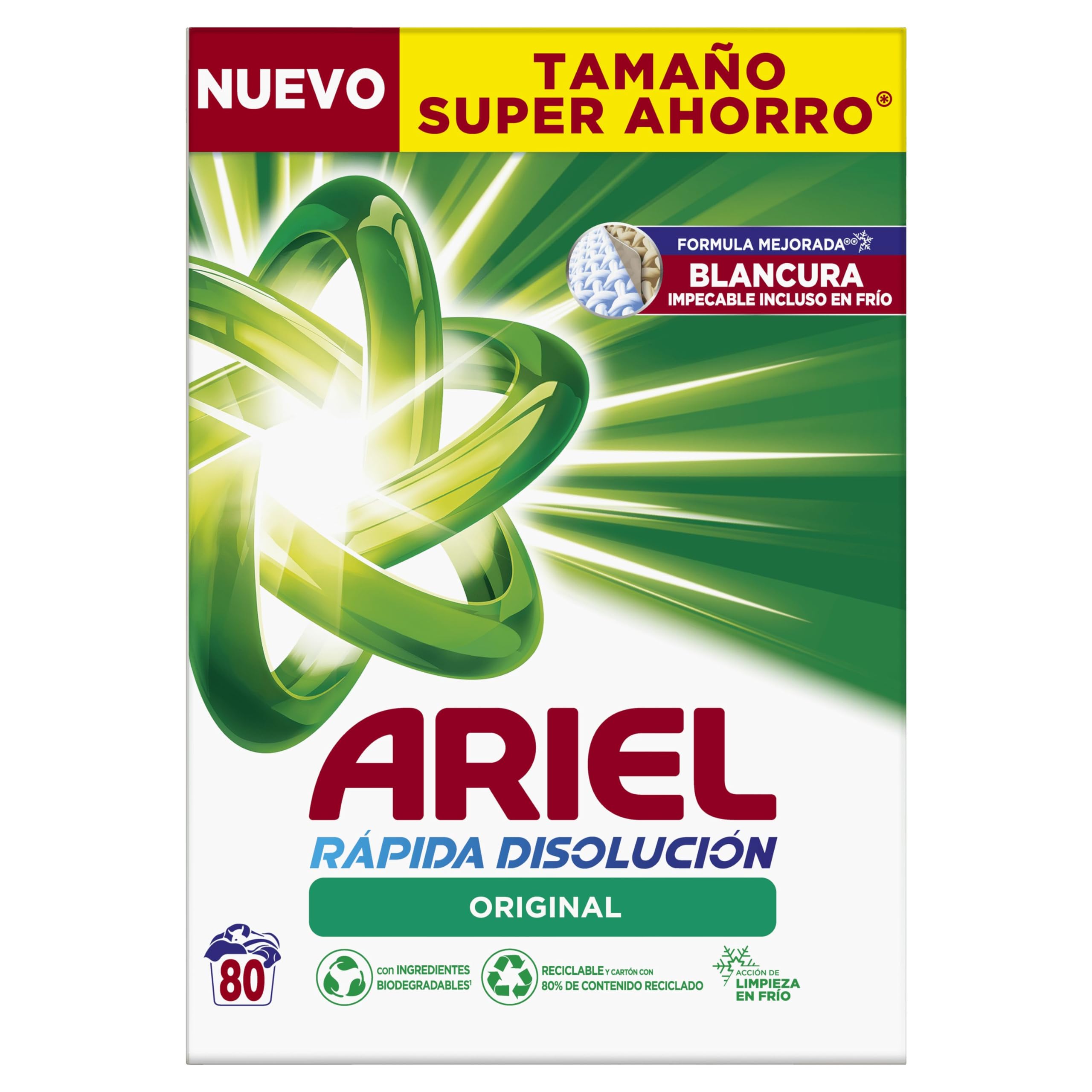 Ariel Detergente Lavadora en Polvo, 80 Lavados, Original, con Tecnologia Anti-Residuos que Deja la Ropa Limpia y Reluciente