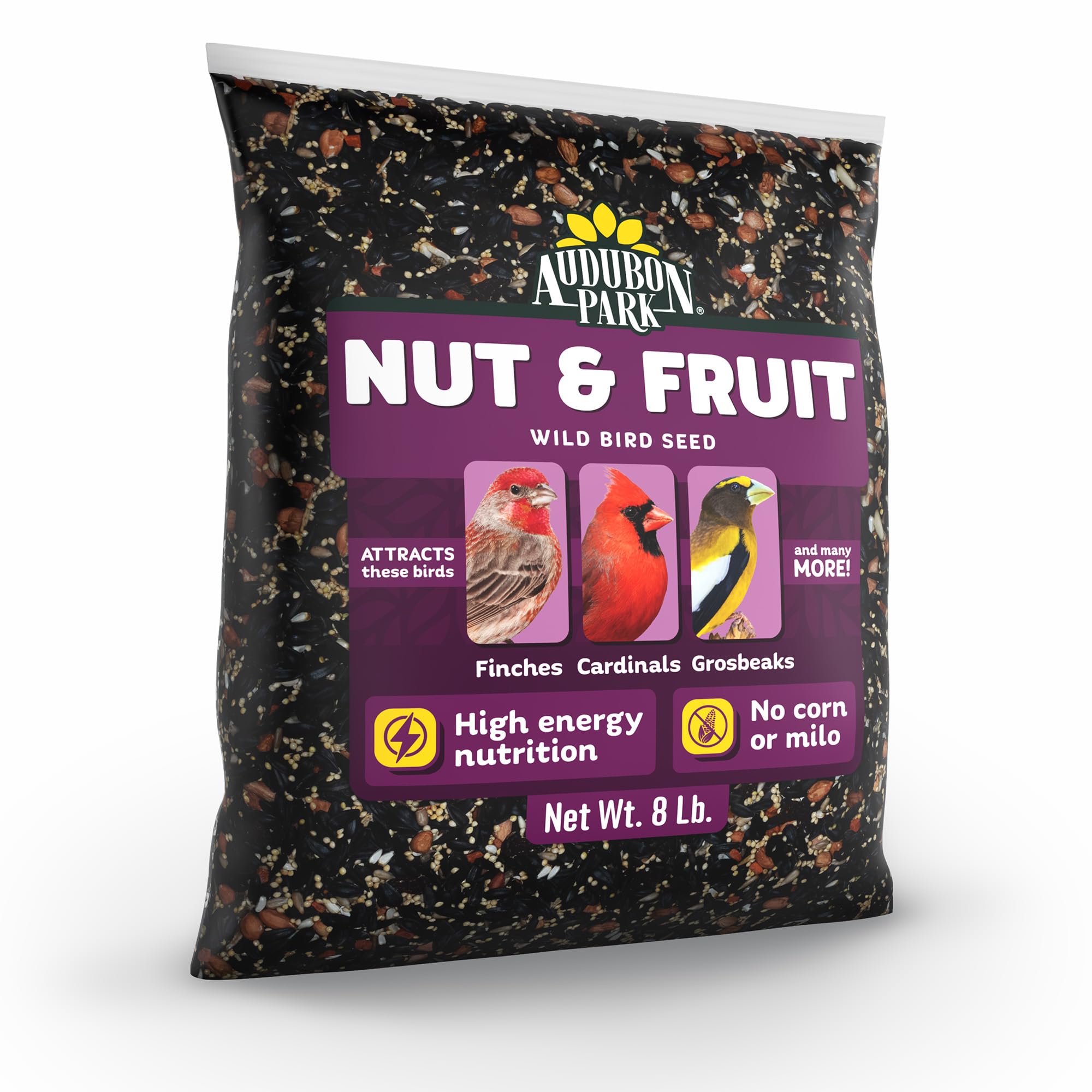 Audubon Park Nut & Fruit - Semilla de Aves Silvestres – 8 Libras Mezcla Premium con Semillas de Girasol, Cacahuetes, cártamo y Frutas secas - Alimento para pájaros para comederos Exteriores