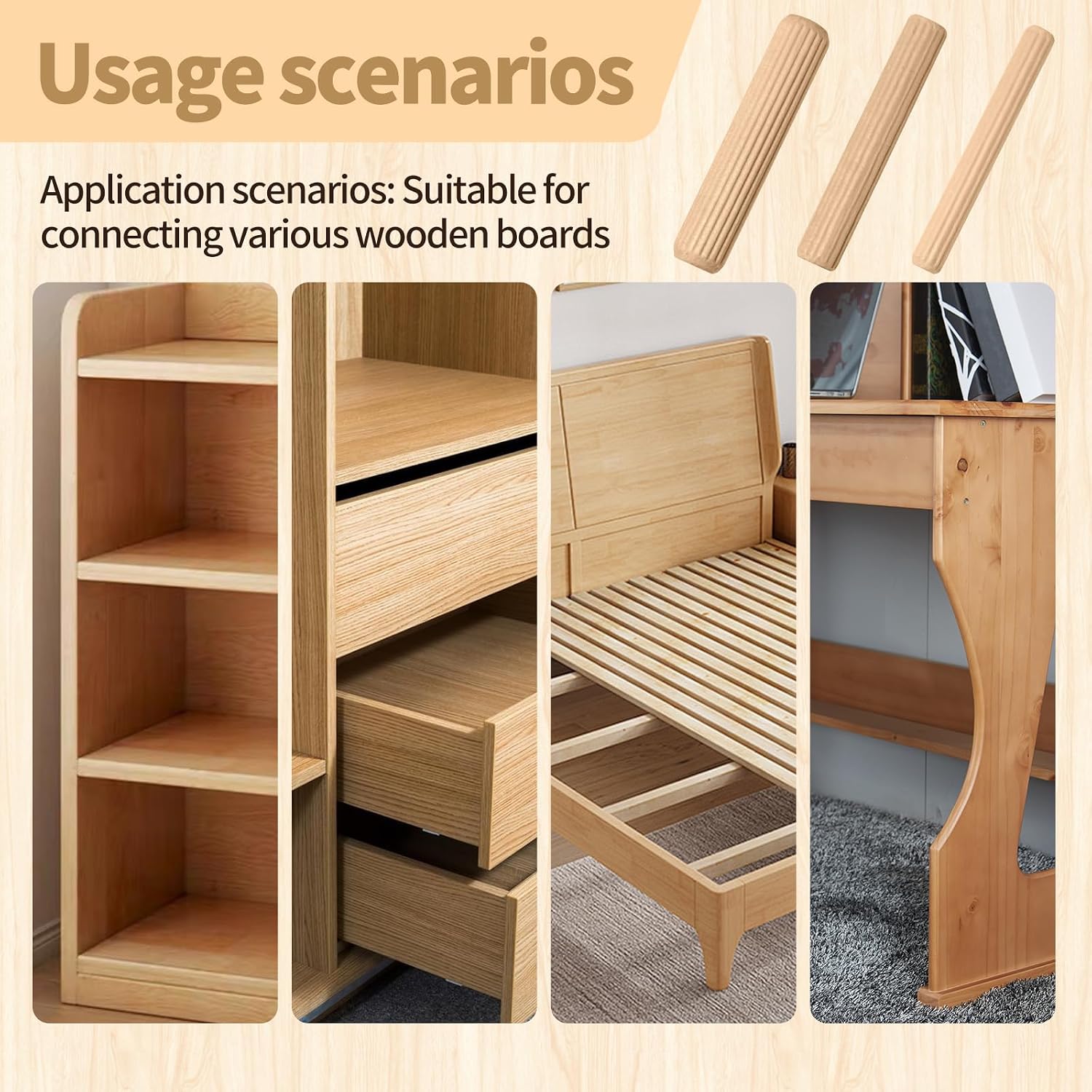 8 Values Wood Dowels Kit 1/4 3/8 5/16 Inch Fluted Wooden Dowel Pins Pegs Assortment for Furniture Woodworking DIY Crafts 225Pcs