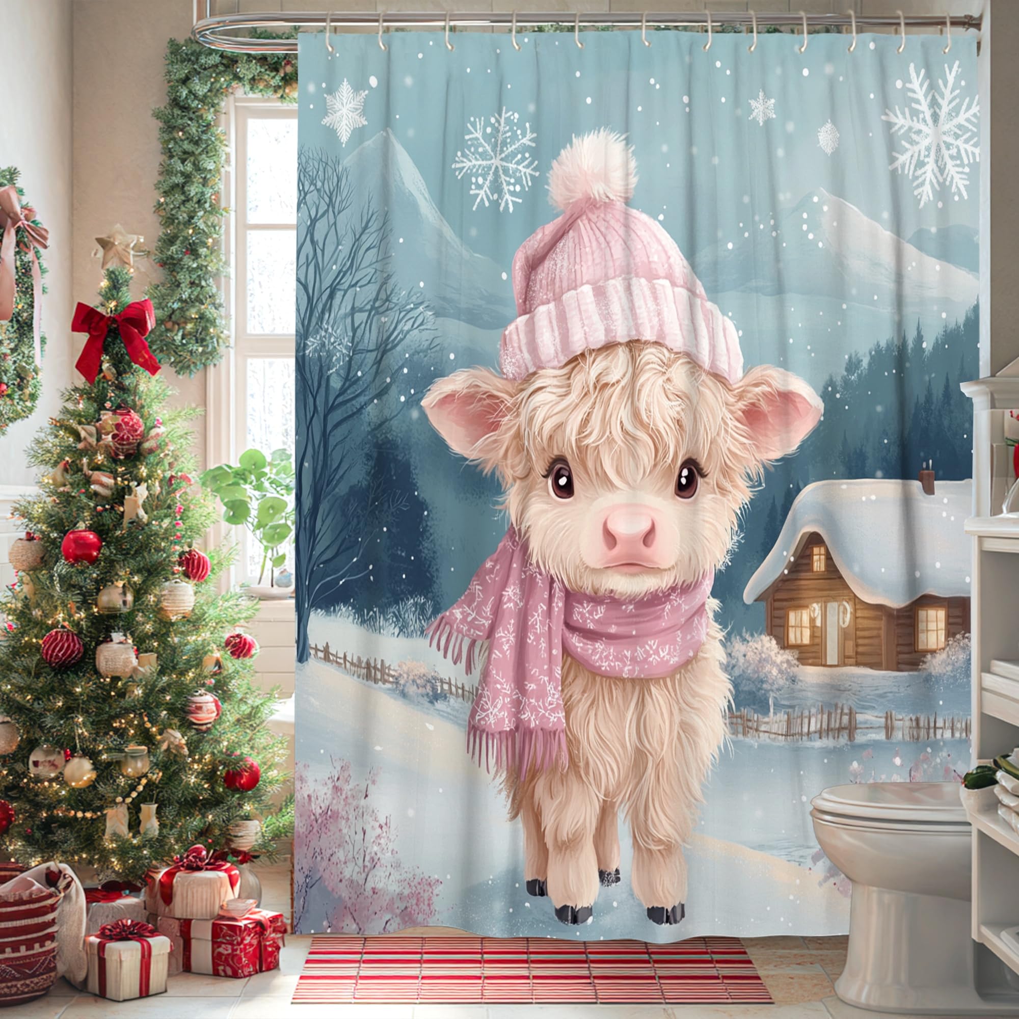 Rideau de douche motif vache et montagne pour salle de bain chalet