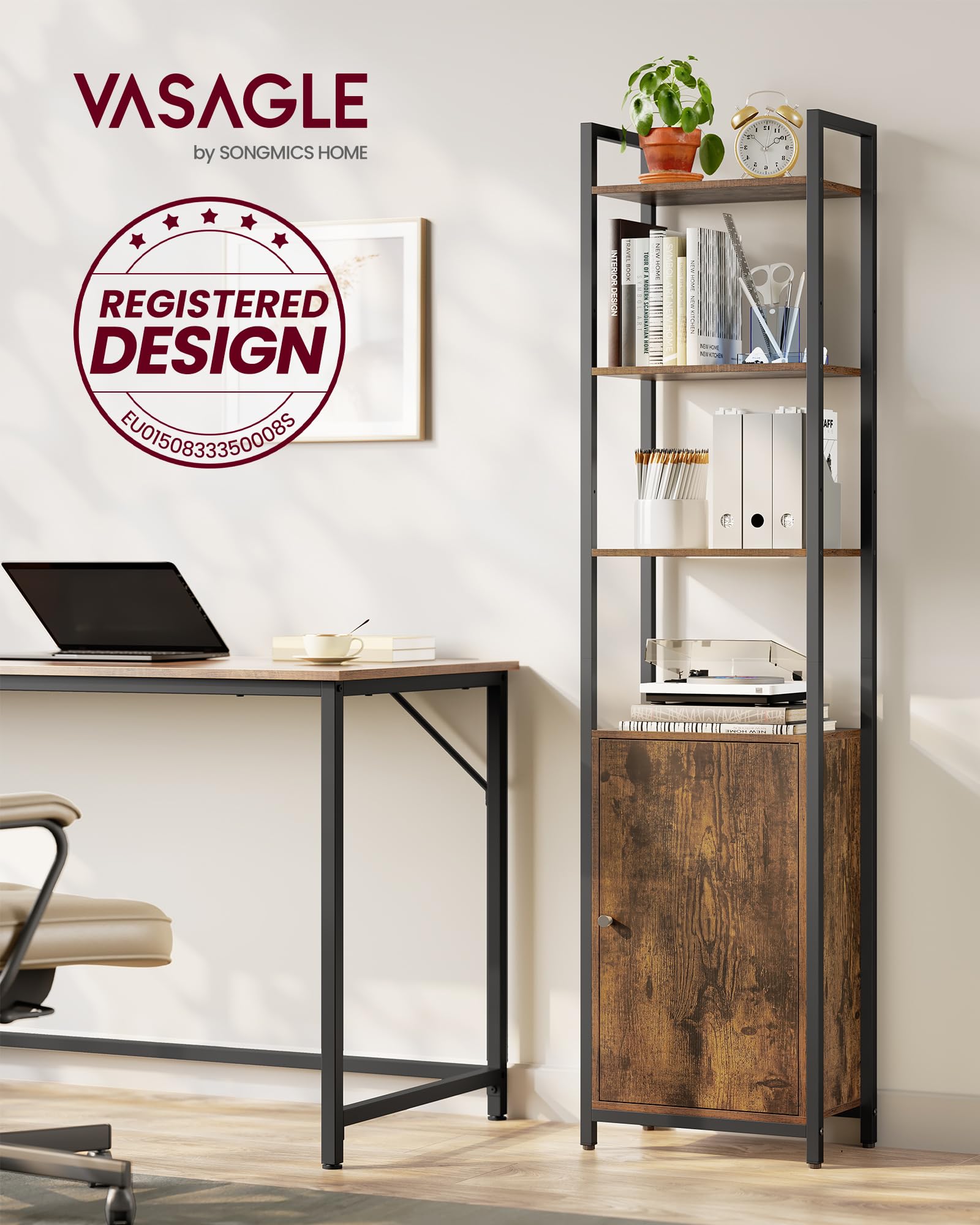 VASAGLE Bibliothèque Verticale à 6 Niveaux avec Porte, Structure en Métal, Étagères Réglables, 24 x 40 x 159,5 cm, pour Salon, Chambre, Marron Rustique et Noir d’Encre LLS132K01