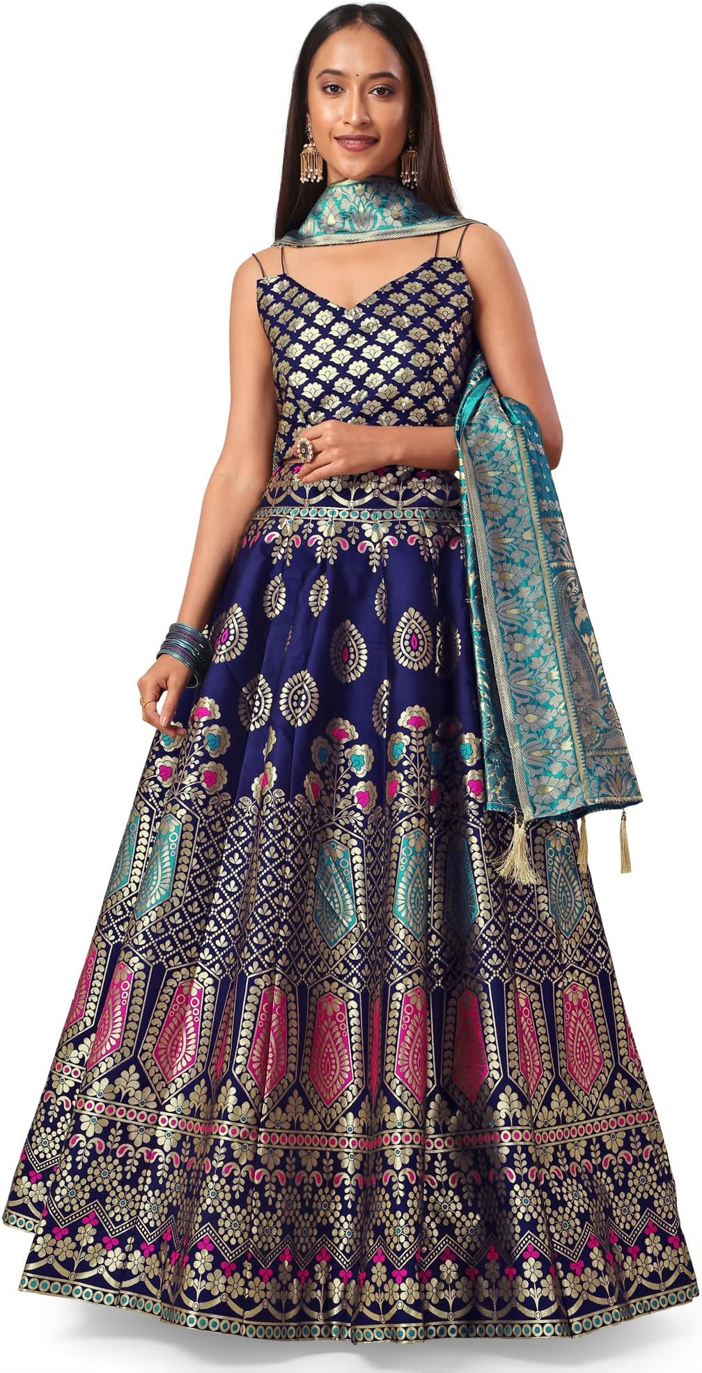 Women's Jacquard Semi-Stitched Lehenga choli(Khwab), Navy-Blue, One Size