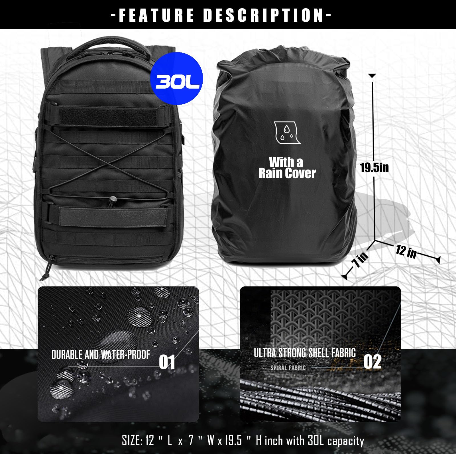 Colotioal Tactical Military Backpack 30L Molle Assault Pack Army Rucksack, Heavy Duty for Hiking Camping Travel 3-Day Bug Out Bag (Black)