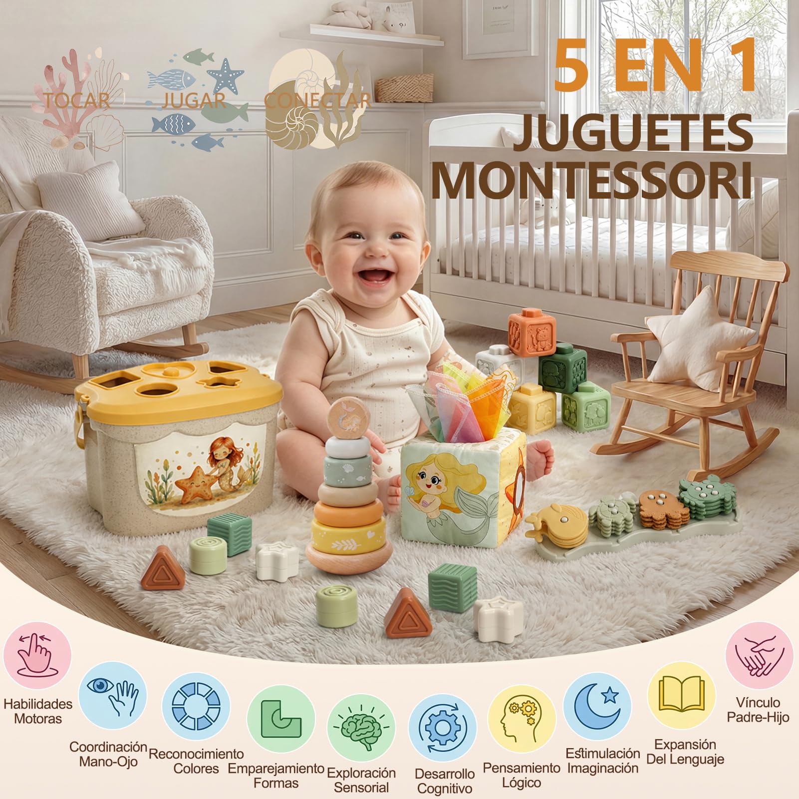 Anook Juegos Montessori Bebe 6-12 Meses, 5 en 1 Juguetes Bebes 6 9 12 Meses Incluir Cubos Apilables Bebe, Juguetes Caja Pañuelos, Juguetes Sensoriales para Niñas Bebés 6-24 Meses Regalo