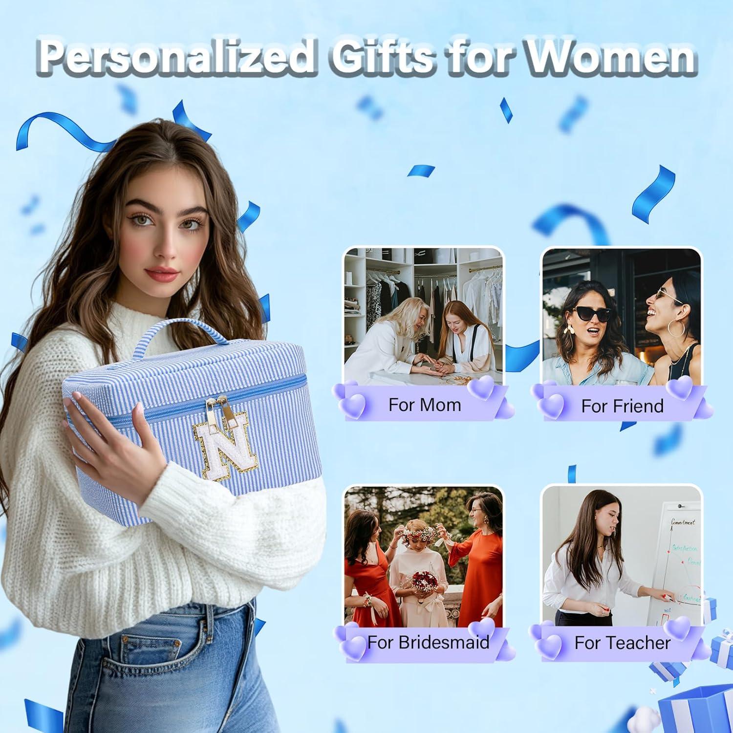 Personalized Monogram Makeup Bag, 3PCS Custom Monogrammed Toiletry Cosmetic Bag for 6-18 Teen Girls Women,Birthday Graduation Gifts Initial Pouch Makeup Bags for Women Girls, Make Up Bag (M, Blue) - Image 5