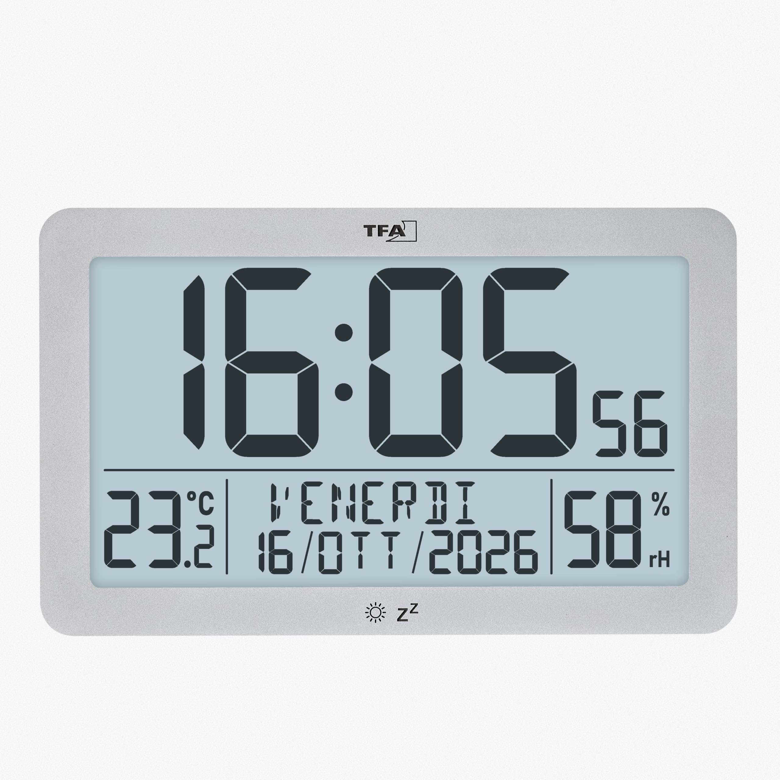 TFA Dostmann Orologio da parete moderno, radiocontrollato digitale, clima ambiente, 60.2568.54, grande, indicazione del giorno, della settimana, della data, funzione sveglia, à batteria, argento