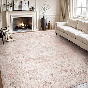 AMOAMI-Area Rug 8X10 Rugs for Living Room-Vintage Soft Pink Rugs for Bedroom-Non Slip Carpet-Washable Rug for Dining Room Living Room Bedroom Office Under Table