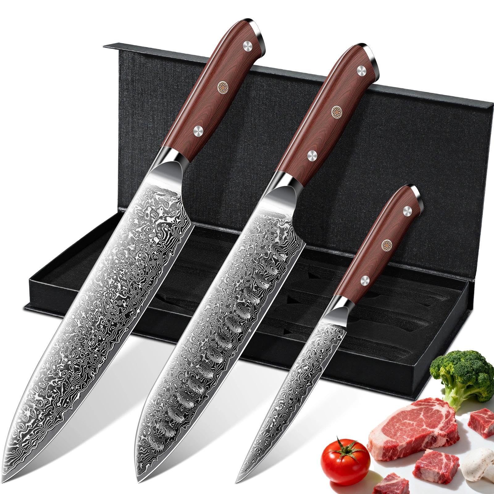 Purple Dragon Damascus Knife Set - 3 PCS Kitchen Knife Set - VG10 Steel Japanese Chef Knives 8