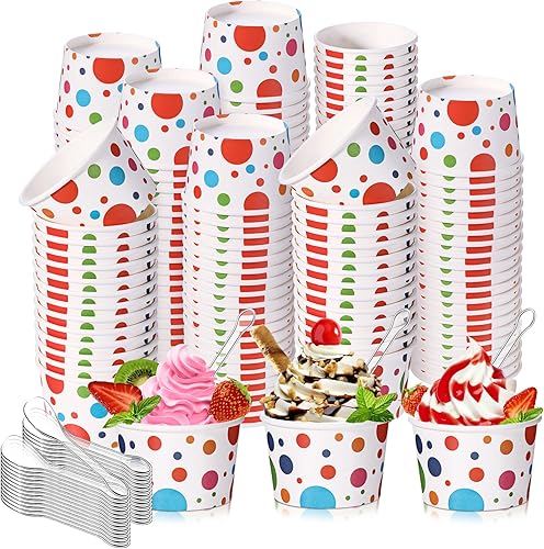 Boao Juego de 200 tazas de helado de 5 onzas con cucharas desechables de papel, cuencos de postre para Sundae, suministros para fiestas de verano